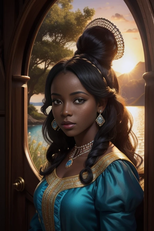 Retrato realista de una mujer africana de piel morena oscura quemada por el sol, Cabello largo:2
Rizado, Ropa de princesa, Long Rococo Style Cinderella, Imagen intrigante, Imagen limpia, Al fondo un hermoso lago, Colores brillantes, cinematic shadows,