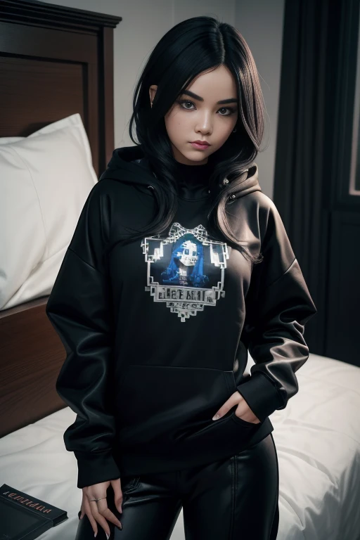 (pixelart: 1.2), beautiful gothic women, Sexy goth girl, Design sweatshirt coat with logos, pants, Cabello negro corto con puntas azules, dormitorio, Acostado en la cama, (por Isaac quek: 0.8) [Por Ilya Kuvshinov: 0.65]