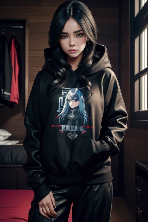 (pixelart: 1.2), beautiful gothic women, Sexy goth girl, Design sweatshirt coat with logos, pants, Cabello negro corto con puntas azules, dormitorio, Acostado en la cama, (por Isaac quek: 0.8) [Por Ilya Kuvshinov: 0.65]