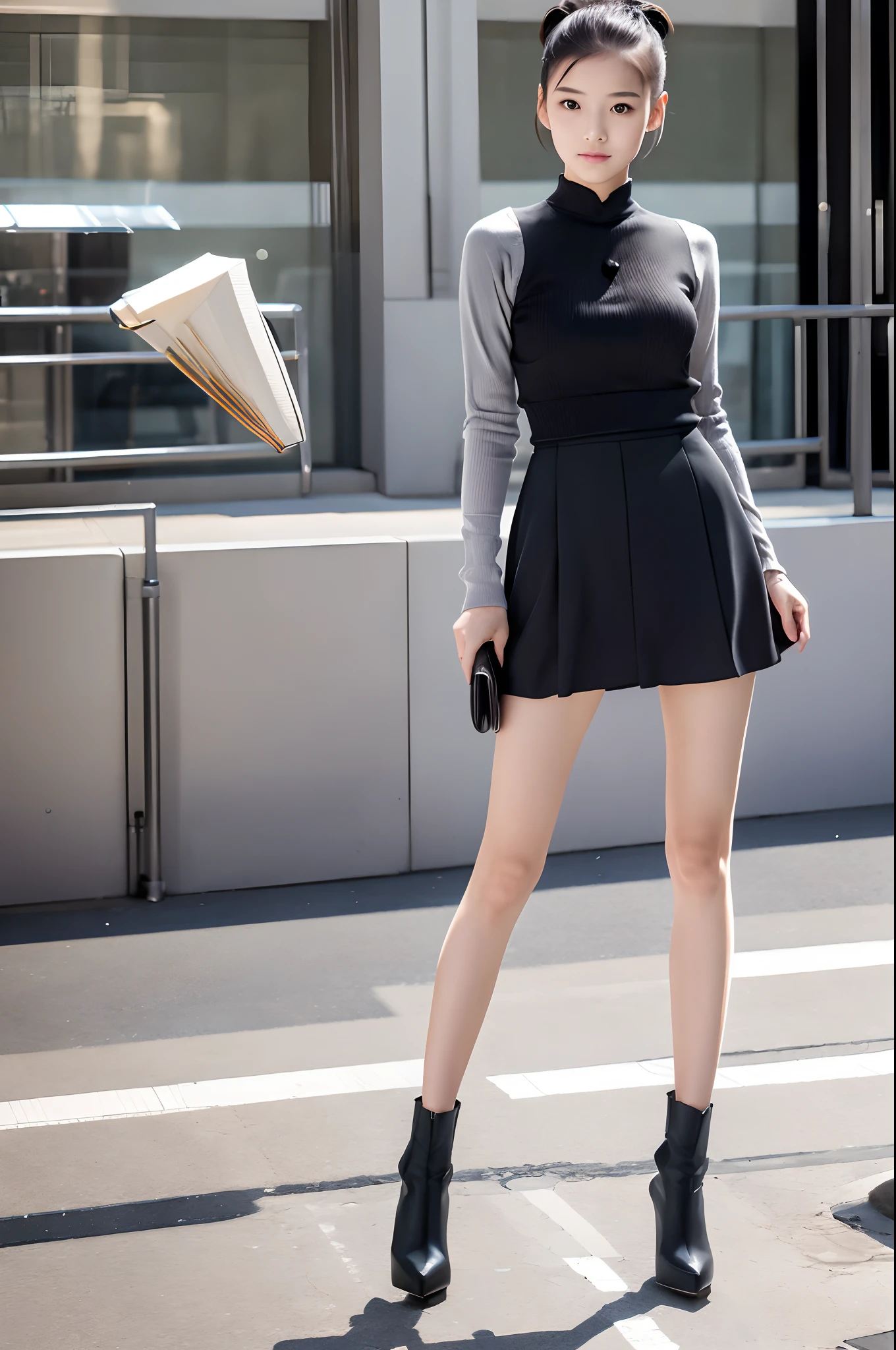 best qualtiy,tmasterpiece,超高分辨率,(fidelity:1.4),1girl,detailed face, short pony tail, long leges,standing on your feet, high-heels.