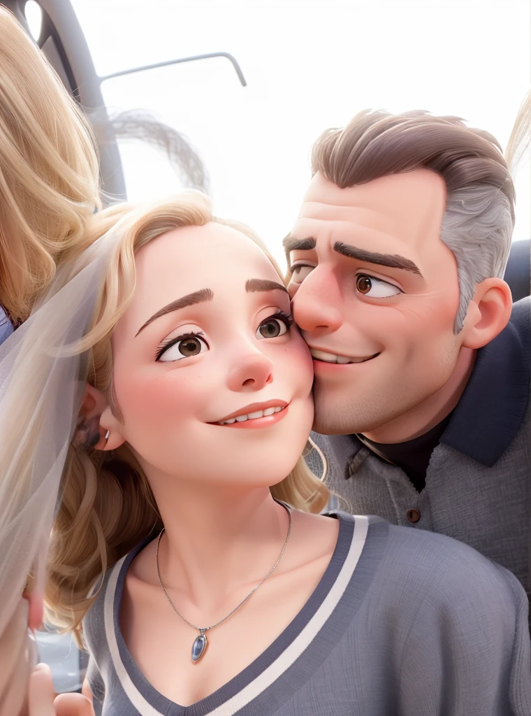 The image shows a man and a woman close to each other, with the man kissing the woman on the face. They appear to be a couple and the woman is wearing a necklace. The man is wearing a black jacket and they are both smiling, enjoying the moment. The woman also holds a bag, which is placed near her. The scene captures a moment of tenderness and affection between the couple.