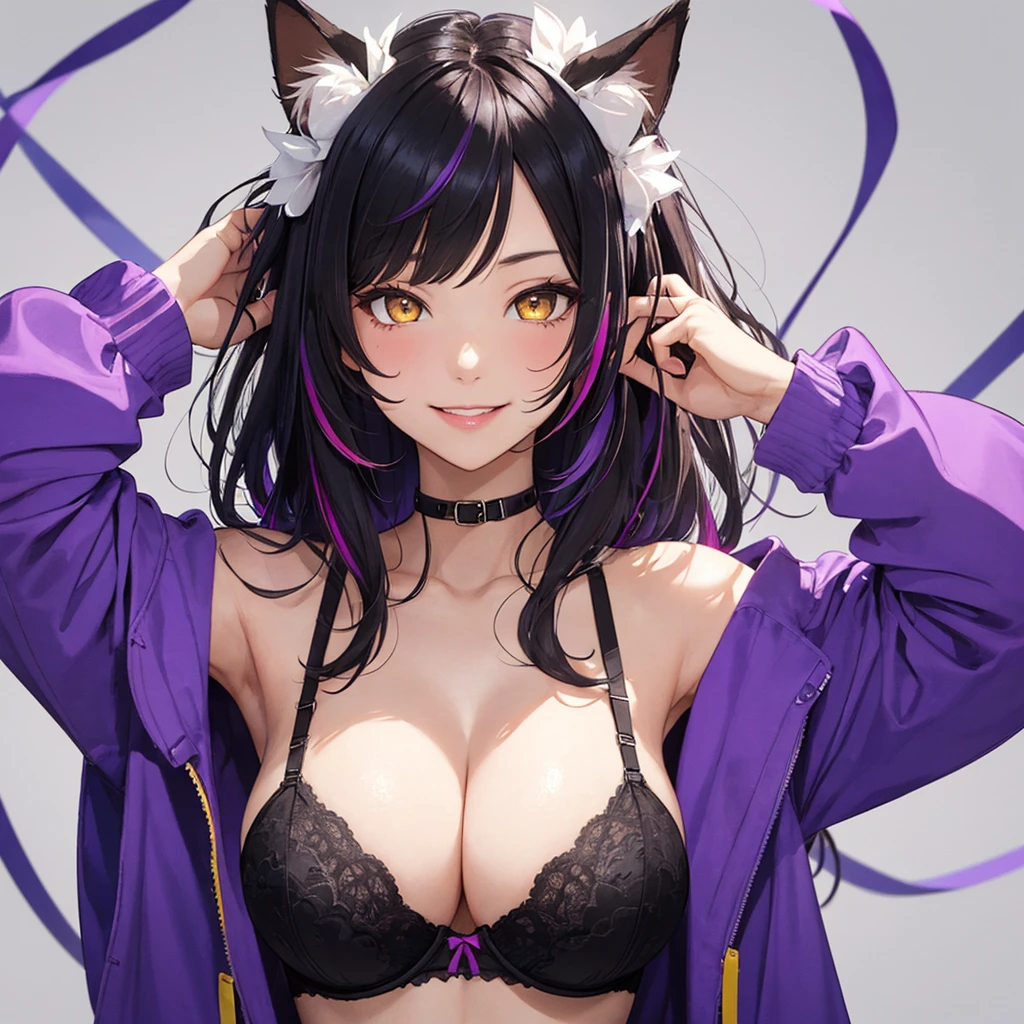 1girl, animal ears, solo, brown eyes, black hair, smile, looking at viewer, portrait, face, lips, smile, completed body, portrait, face, lips, looking at viewer, breasts, collarbone, simple background, blue black hair, purple skinner, multicolored hair, bare shoulders, yellow eyes, big breasts, big ass, big tits, long sleeves, virtual youtuber, bra strap