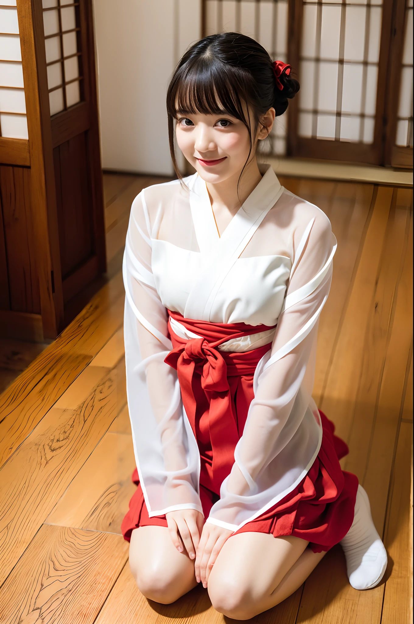 girl seiza sitting on floor in old-Japan room,red hakama-bottom,very long sheer sleeved white hakama-top,white socks,red string bow on hair,18-year-old,bangs,a little smiles,knees,low ponytail,from below