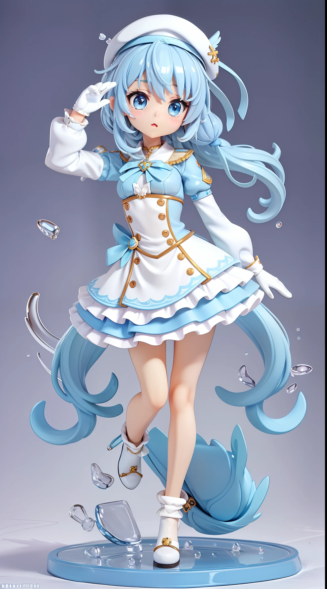 1 girl in、((full body Esbian、Standing picture))、top-quality、masutepiece、high-level image quality、lightblue hair、Longhaire、(white glove)、blue eyess、((White beret))、cute little、Lori、((figurine)), [[[[Cat's ears]]]]