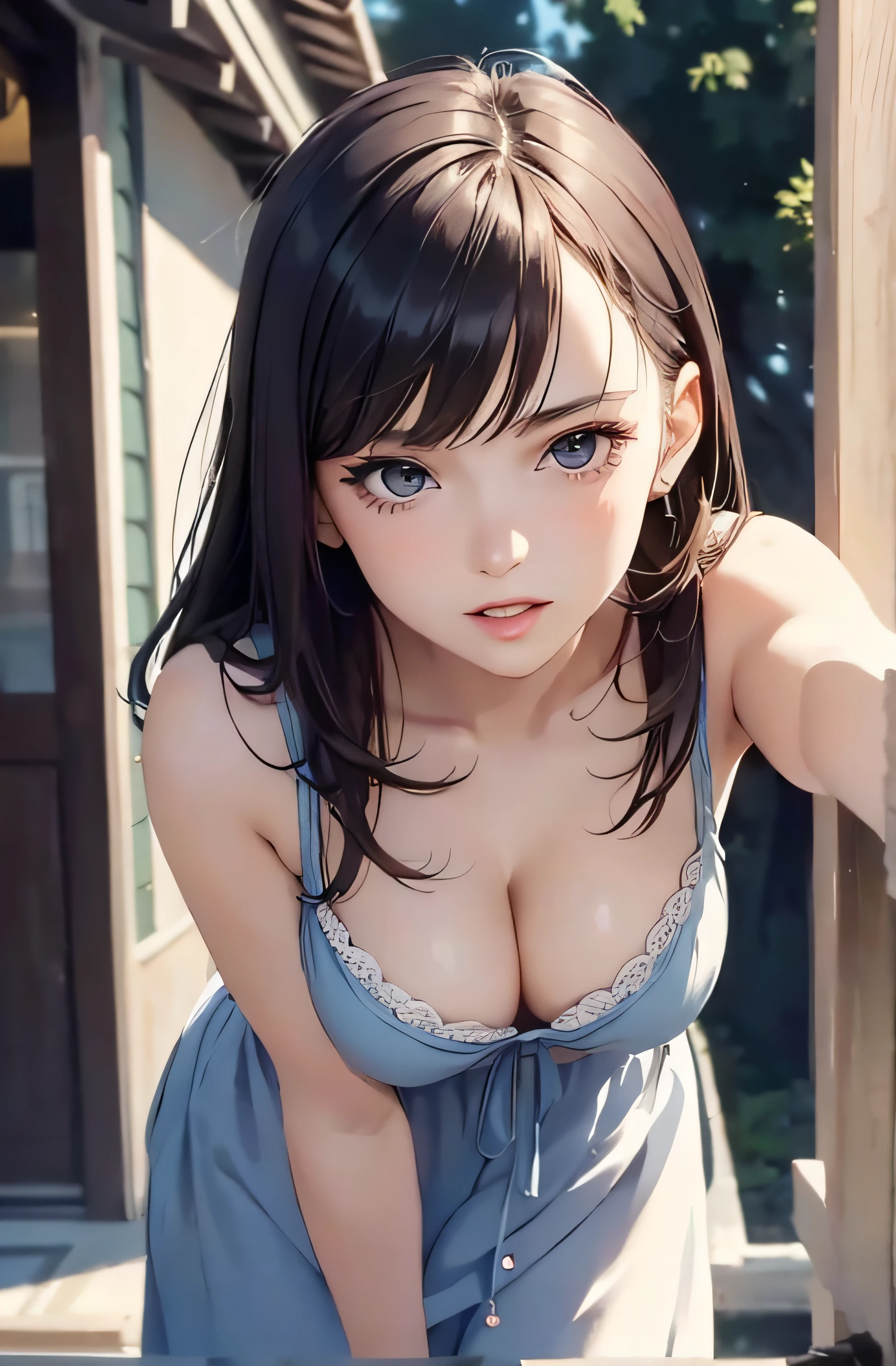 girl in summer clothes, casual dress, making as if she wants to kiss you, (girl bending down looking at camera), medium breasts, cleavage, random background, flirtatious look, ((very detailed)), (perfectly detailed face), (well detailed hand) photorealistic image.