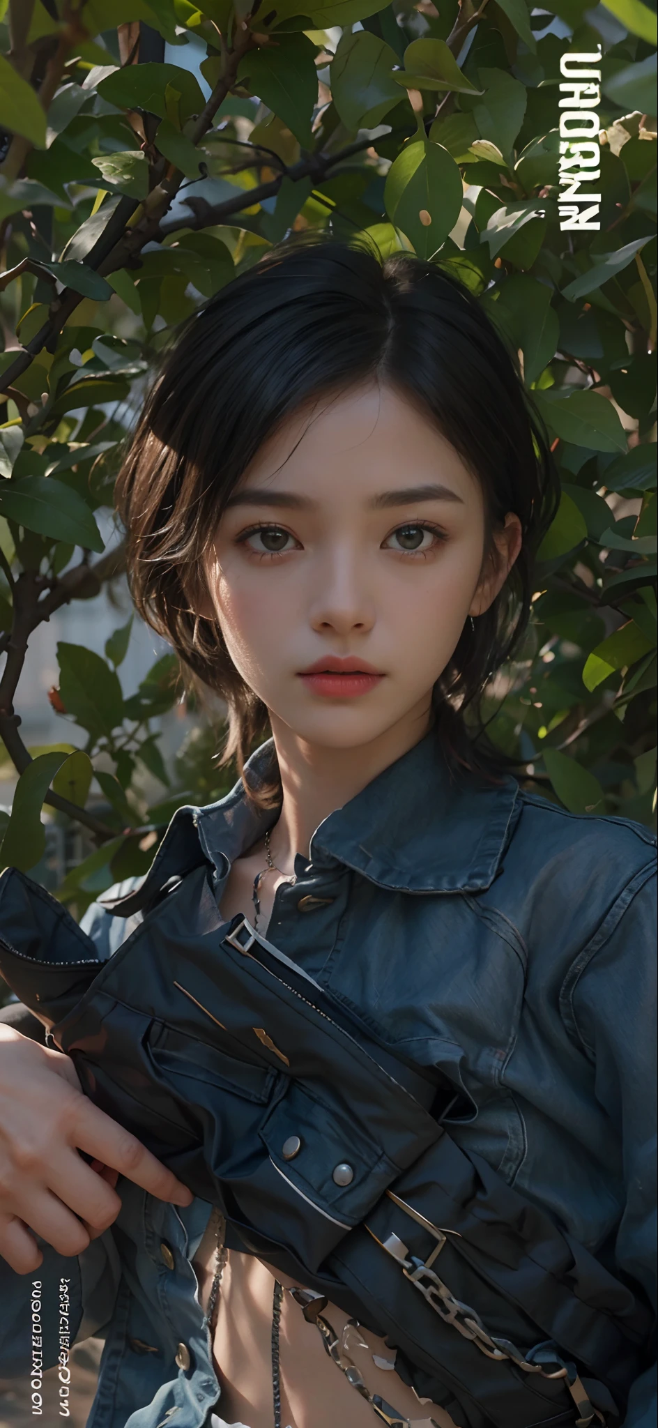 ((medium chest, tomboy, small head)), (well-defined abs: 1.1), (perfect body: 1.1), (short wavy hair: 1.2), russet hair, collar, chain, full body photo, crowded streets, wearing black vest, denim jacket, ((shorts)), (extremely detailed CG 8k wallpaper), (extremely delicate and beautiful), (masterpiece), (best quality: 1.0), (super high resolution: 1.0), beautiful lighting, perfect lightning, realistic shadows, [high resolution ], delicate skin, ultra-detailed ((colorful)))