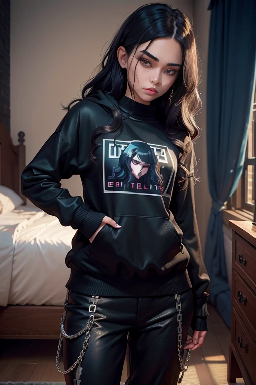 (pixelart: 1.2), beautiful gothic women, Sexy goth girl, Designer sweatshirt with logos, pants, Cabello negro corto con puntas azules, dormitorio, acostado en la cama, (por Isaac quek: 0.8) [por ilya kuvshinov: 0.65]