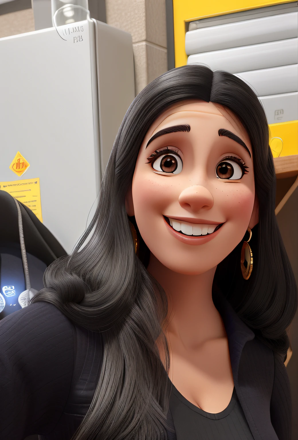 mulher 40 anos, professora, sorridente, inteligente , medium dark black hair, usando brincos