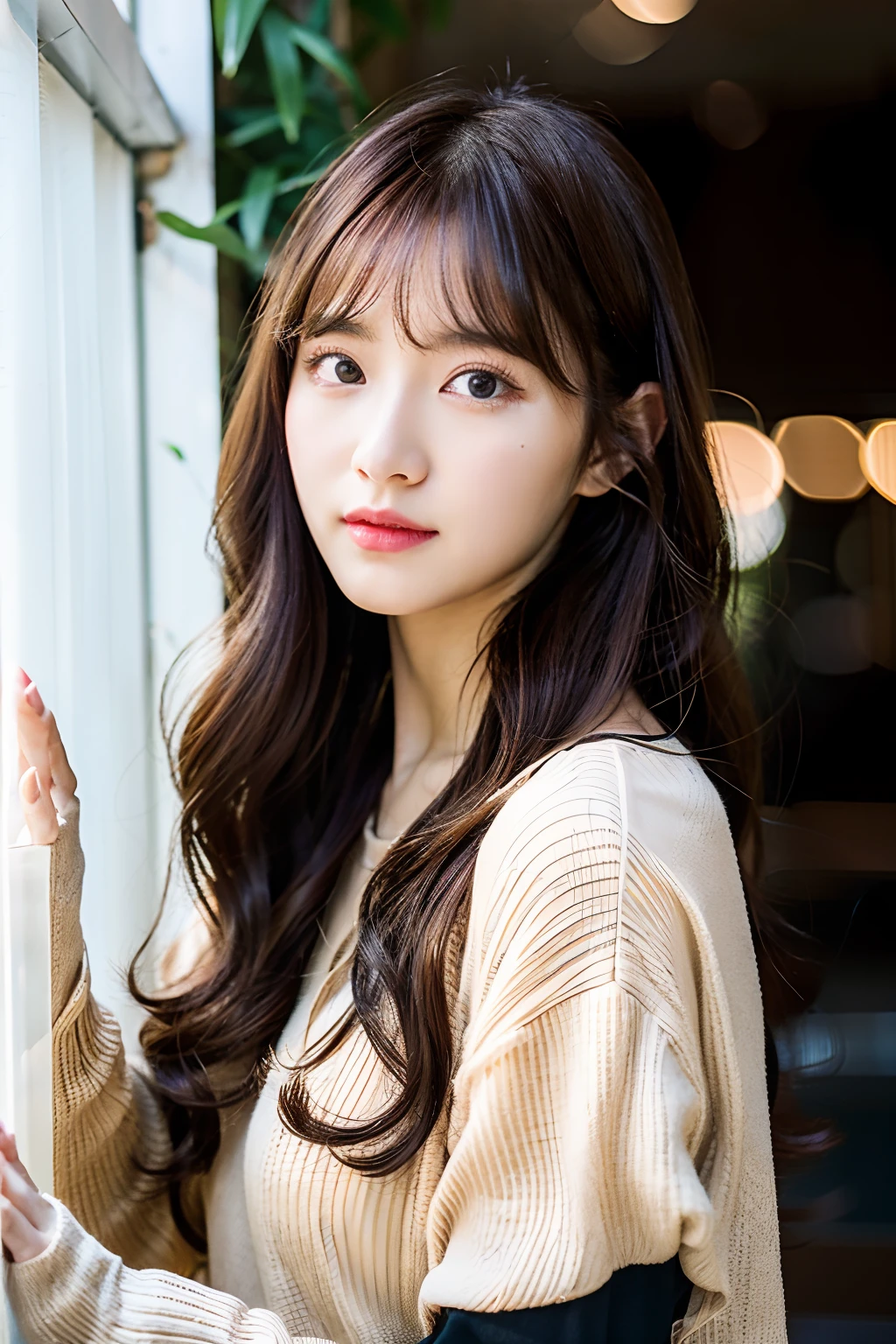 Woman in her late 20s、curtain bangs、dark brown hair、loose wavy hair、