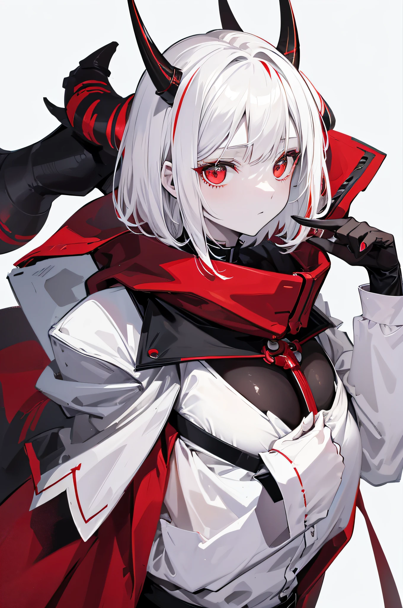 Adult woman, pale skin, standing, bust up, oni, red skin, horns, white hair, hands down, black background, simple hair, short hair