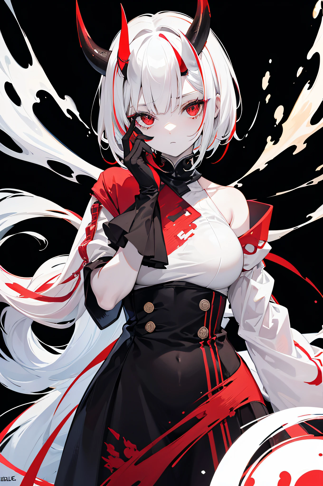 Adult woman, pale skin, standing, bust up, oni, red skin, horns, white hair, hands down, black background, simple hair, short hair