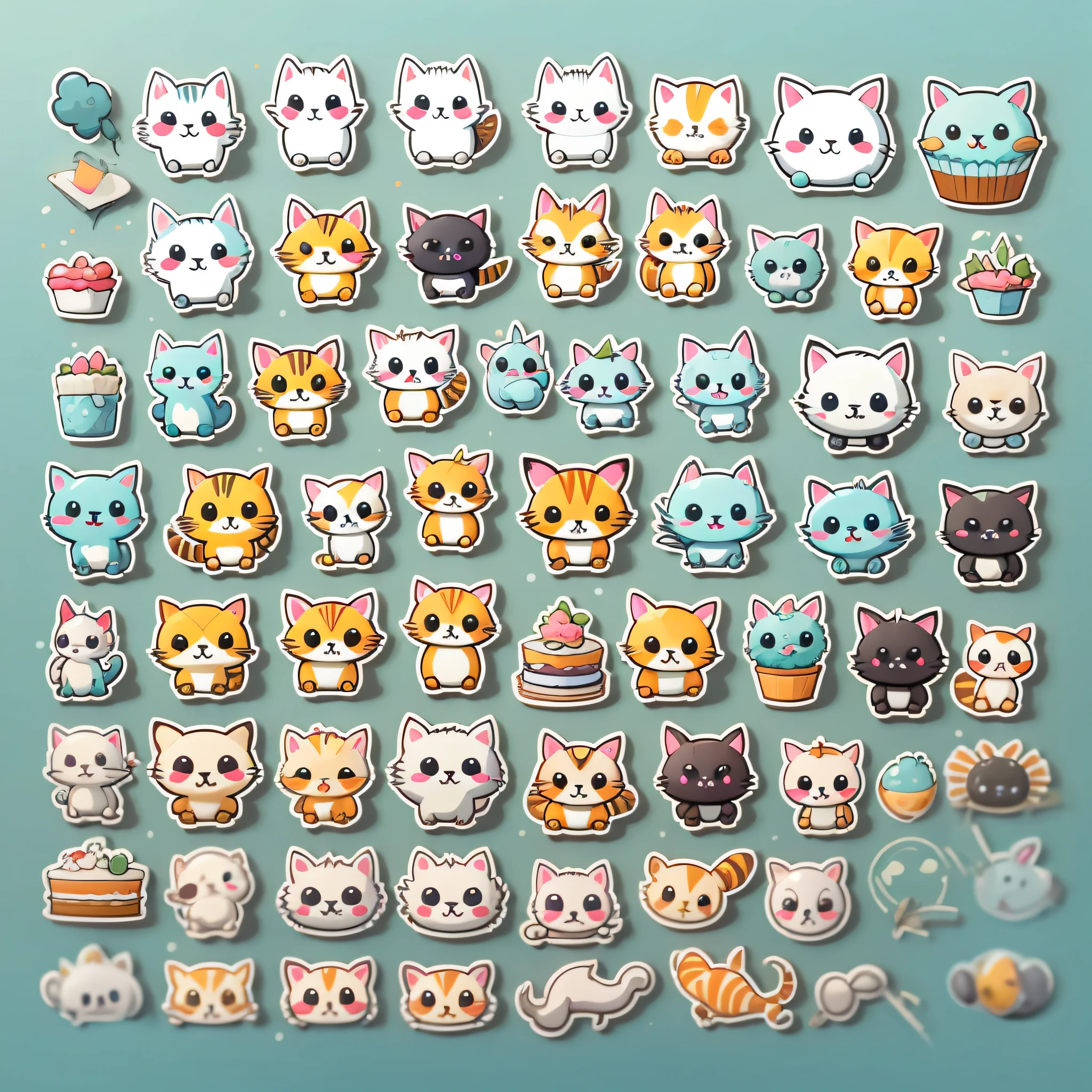 Stickers, stick figures, cute cats, cakes, light blue, solid background, character focus low saturation