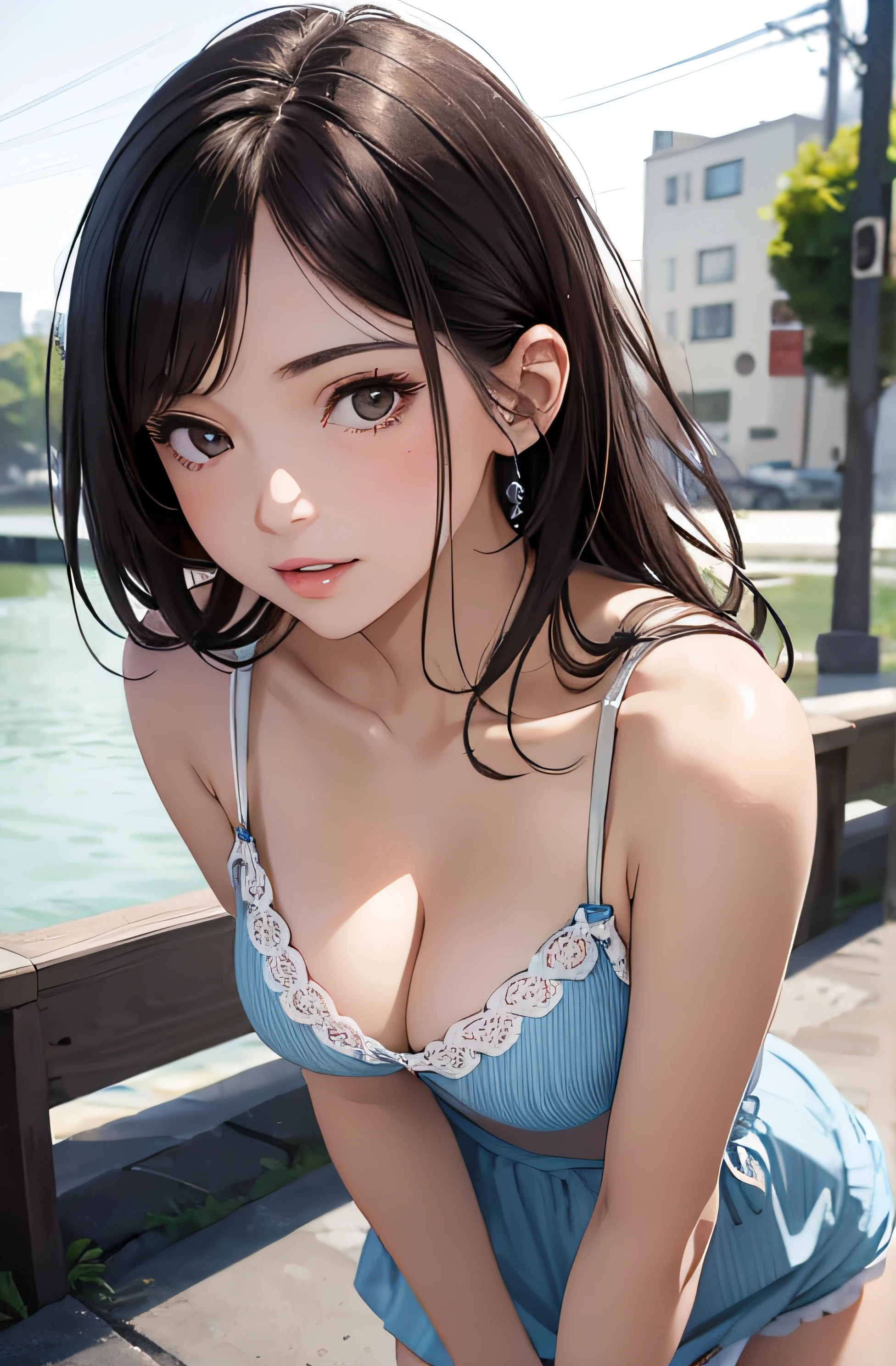 girl in summer clothes, casual dress, making as if she wants to kiss you, (girl bending down looking at camera), medium breasts, cleavage, random background, flirtatious look, ((very detailed)), (perfectly detailed face), (well detailed hand) photorealistic image.
