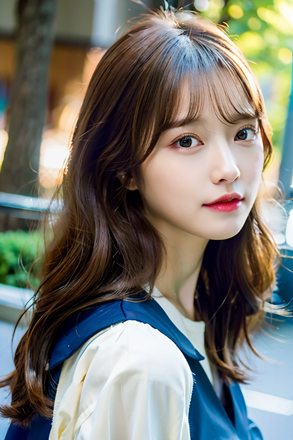 top-quality、超A high resolution、(Photorealsitic:1.4)、女の子1人、loose wavy hair、dark brown hair、Long bangs with center parting、Photo from the waist up