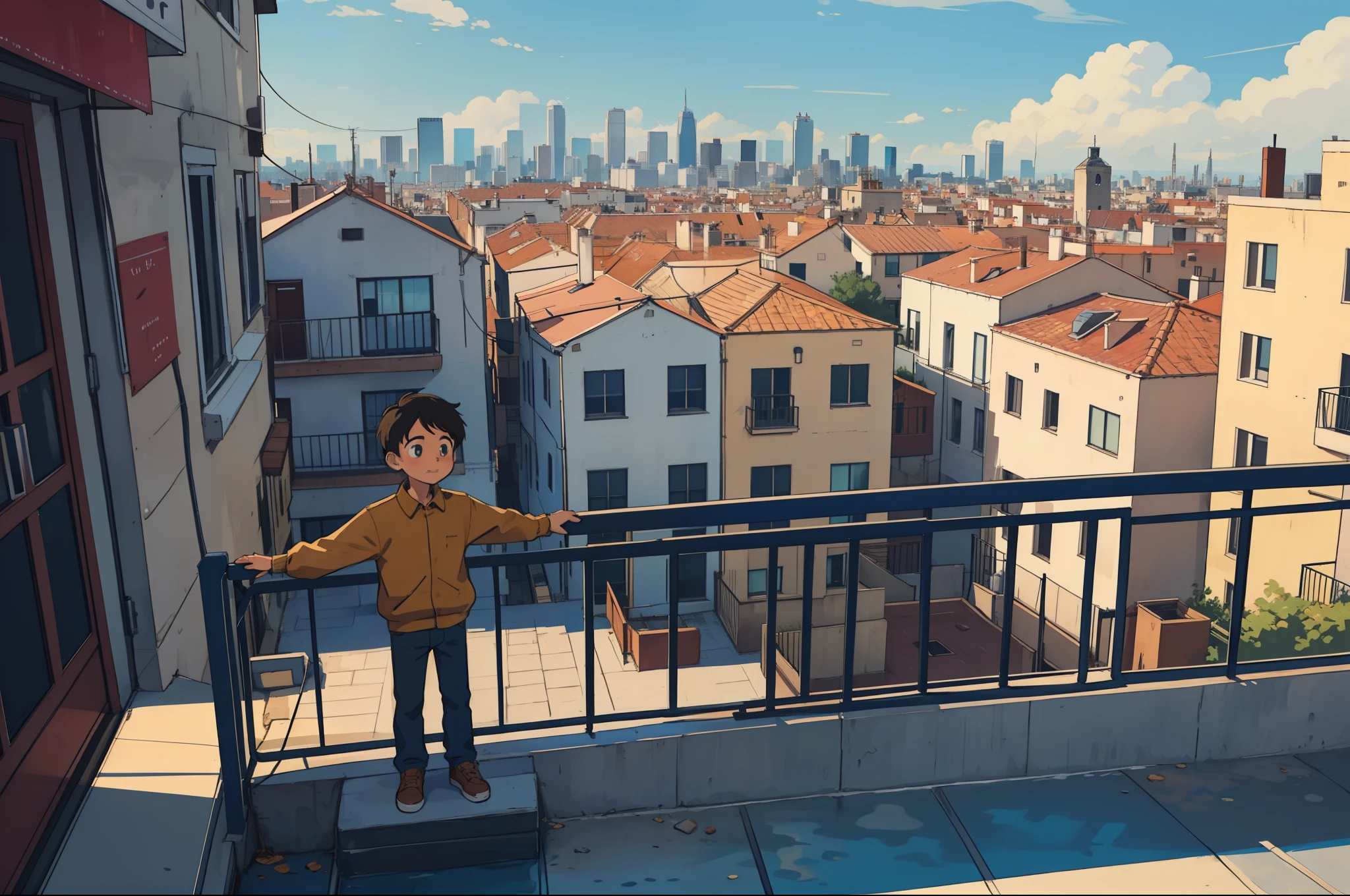 Cartoon drawing of a kid standing on a terrace near the railing overlooking the city from the front
