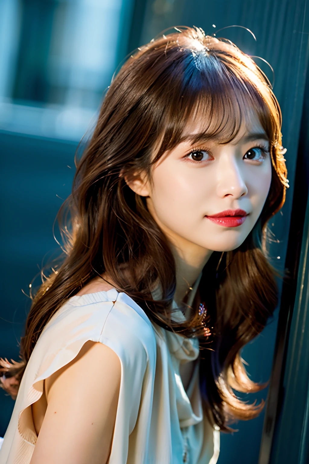 Woman in her late 20s、curtain bangs、dark brown hair、loose wavy hair、