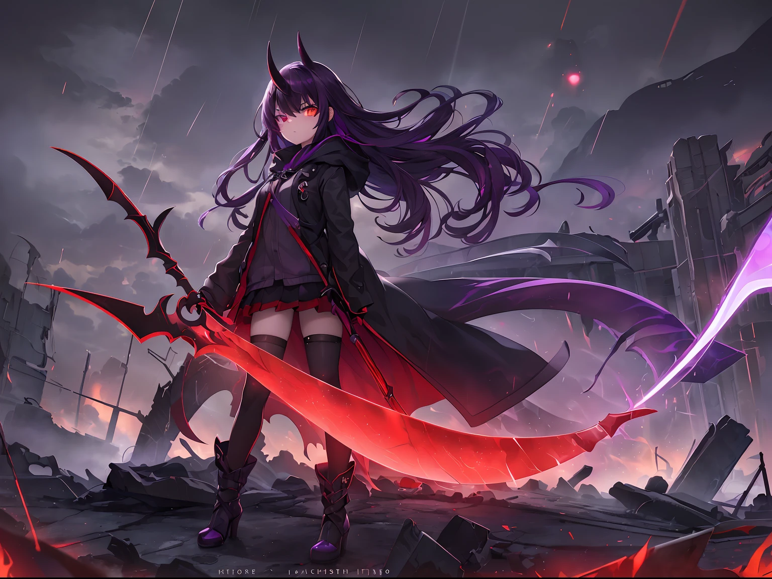 High quality, high resolution, extra quality, 1girl, (purple (messy) hair:1.3), dark red hairpin, bloody red eyes, (heterochromia:1.2), glowing eyes, (unusual pupils:1.2), [scarred left eye], black (ripped) coat with (faint glow), black heels, hood on, black jeans, black (oversized) sweater, (scythe with purplish glow:1.3), (serious look), ((little one) horn on head), 
Standing on rock, (holding scythe in left hand:1.2), relaxed stance, looking at viewer
[Lightnings behind], (ruins of city:1.2), red (pulsating) glowing substance (everywhere), clouds, (small rain)
(dark light from above:1.3), looks like city on fire, slightly foggy atmosphere, dark city
Cracks on rock, disturbing atmosphere, doom approaches
Dark ambient, darker