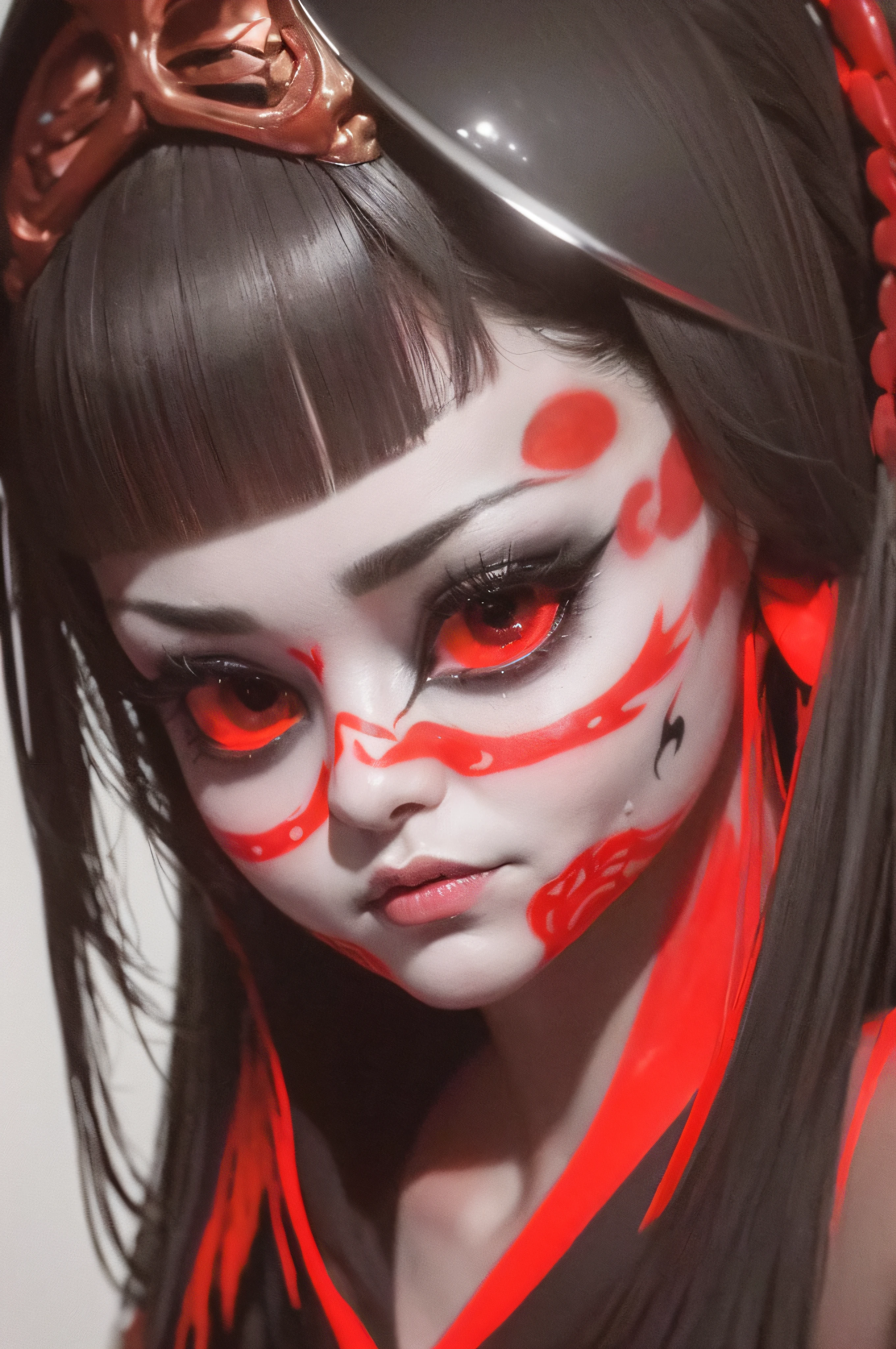 "(The best lighting, oscuro, dramatic),(feto calavera geisha escupiendo tinta roja, Cicatrices, sexy, cerebro, sangre, una rata dentro de la cabeza, terror.),(ojos rojos, calaveras). volumetric light.
