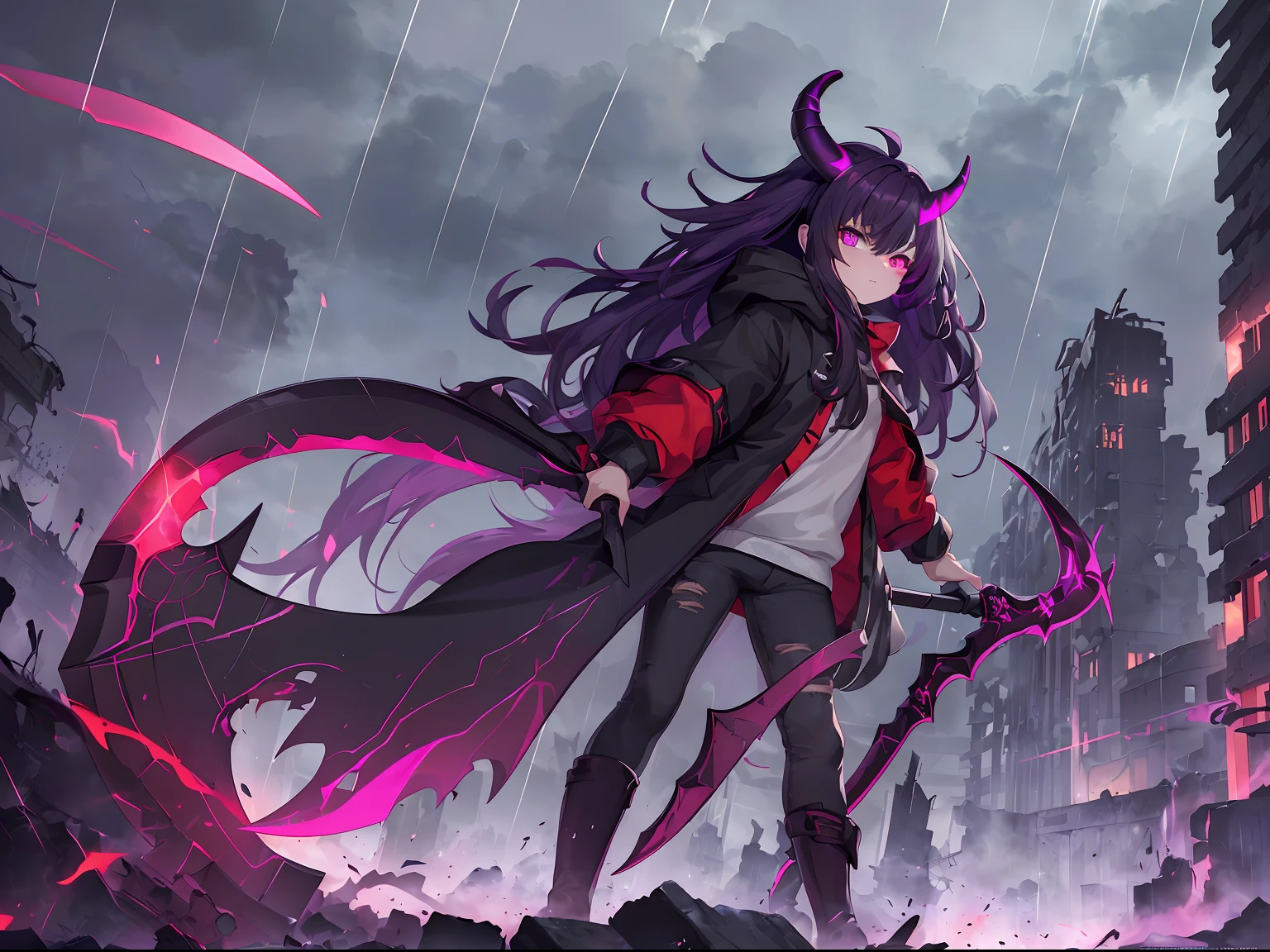 High quality, high resolution, extra quality, 1girl, (purple (messy) hair:1.3), dark red hairpin, bloody red eyes, (heterochromia:1.2), glowing eyes, (unusual pupils:1.2), [scarred left eye], black (ripped) coat with (faint glow), black heels, hood on, black jeans, black (oversized) sweater, (scythe with purplish glow:1.3), (serious look), ((little one) horn on head), 
Standing on rock, (holding scythe in left hand:1.2), relaxed stance, looking at viewer
[Lightnings behind], (ruins of city:1.2), red (pulsating) glowing substance (everywhere), clouds, (small rain)
(dark light from above:1.3), looks like city on fire, slightly foggy atmosphere, dark city
Cracks on rock, disturbing atmosphere, doom approaches
Dark ambient, darker