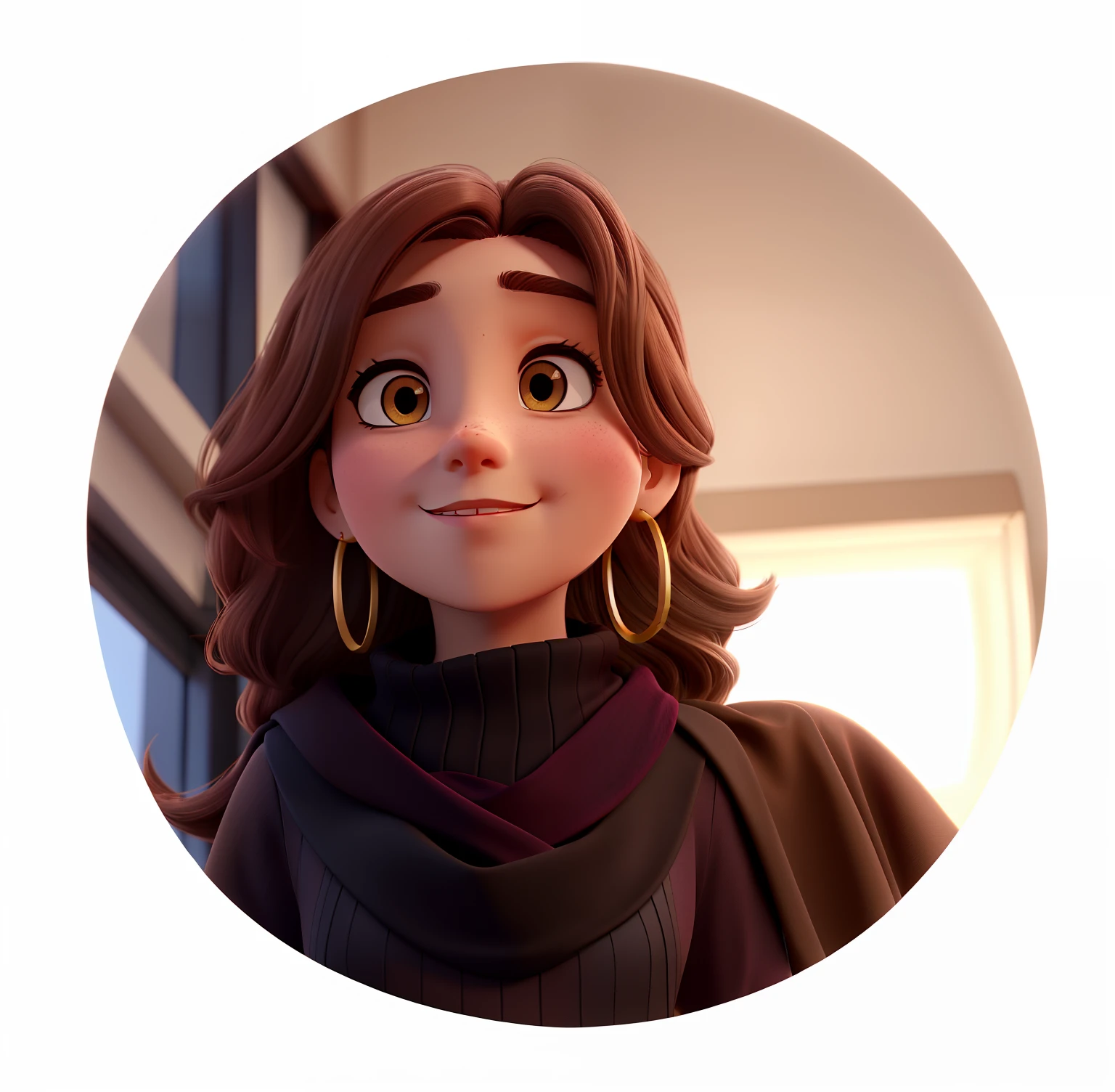 A medium-haired woman light brown, light eyes, liht skin, long earings, wearing a burgundy blouse with black scarf