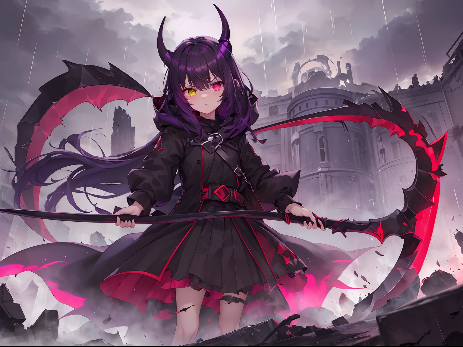 High quality, high resolution, extra quality, 1girl, (purple (messy) hair:1.3), dark red hairpin, bloody red eyes, (heterochromia:1.2), glowing eyes, (unusual pupils:1.2), [scarred left eye], black (ripped) coat with (faint glow), black heels, hood on, black jeans, black (oversized) sweater, (scythe with purplish glow:1.3), (serious look), ((little one) horn on head), 
Standing on rock, (holding scythe in left hand:1.2), relaxed stance, looking at viewer
[Lightnings behind], (ruins of city:1.2), red (pulsating) glowing substance (everywhere), clouds, (small rain)
(dark light from above:1.3), looks like city on fire, slightly foggy atmosphere, dark city
Cracks on rock, disturbing atmosphere, doom approaches
Dark ambient, darker