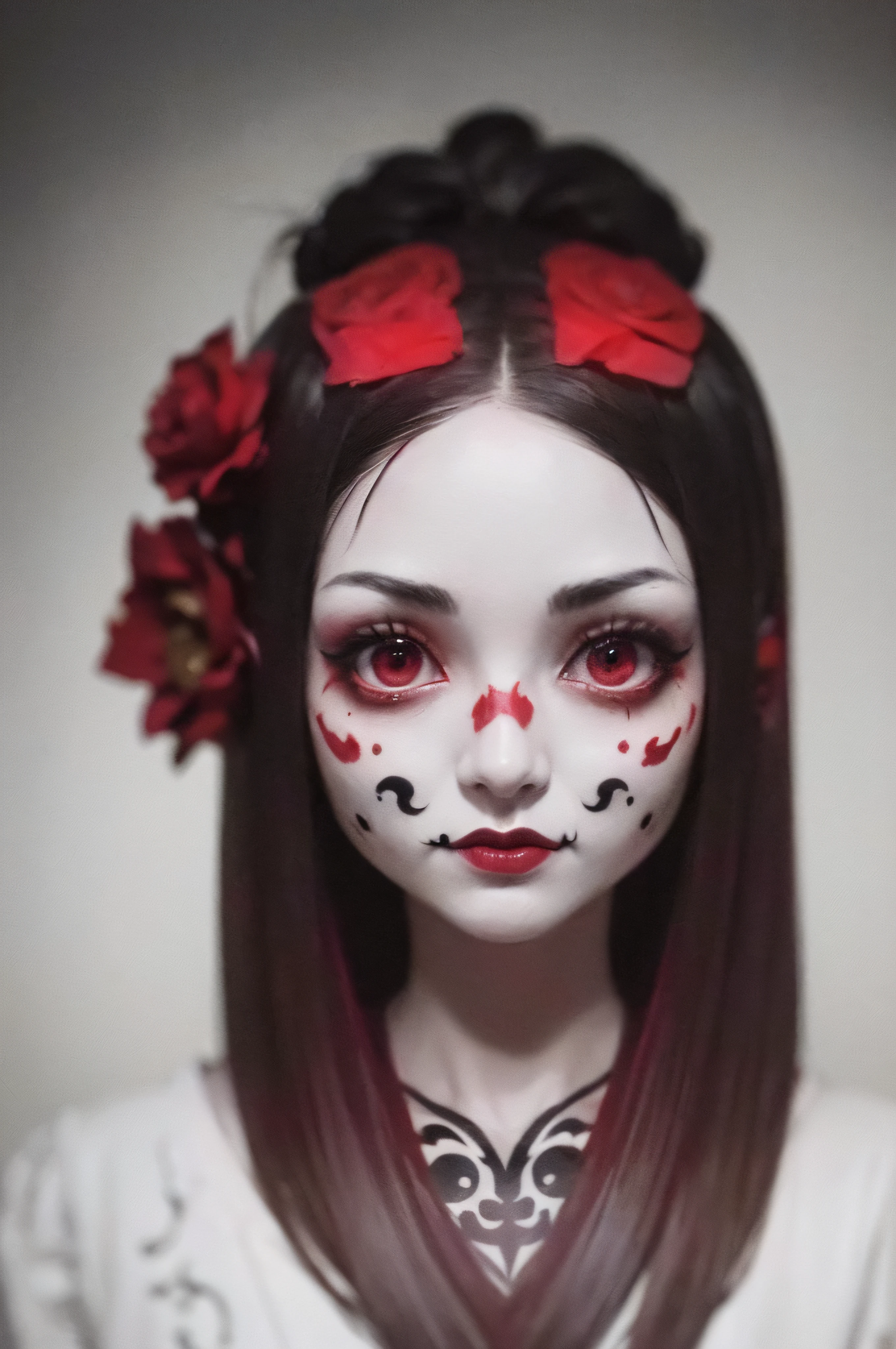 "(The best lighting, oscuro, dramatic),(feto calavera geisha escupiendo tinta roja, Cicatrices, sexy, cerebro, sangre, una rata dentro de la cabeza, terror.),(ojos rojos, calaveras). volumetric light.
