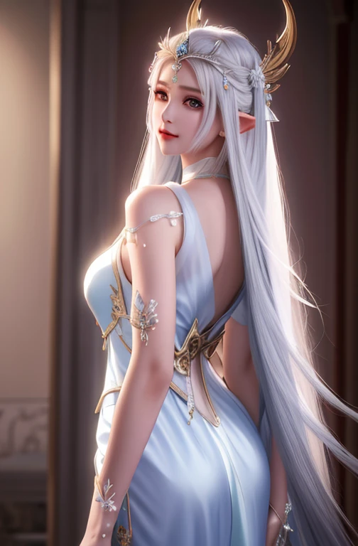 uma mulher com longos cabelos brancos usando um vestido branco e chifres, Rainha elfa bonita e elegante, ((uma bela imperatriz fantasia)), uma bela imperatriz fantasia, cabelo longo branco detalhado, deusa anime, divindade de cabelos brancos, 8k arte detalhada de alta qualidade, com cabelos longos brancos, beautiful elven princess, com longos cabelos brancos, long glowing ethereal hair, branco hime corte penteado