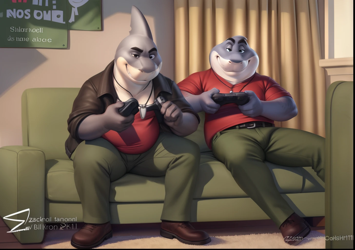 mr shark, plump, fat, belly, black eyes, (pose:1.3), (posing:1.3), (soft shading), 4k, hi res, five fingers, detailed hands, ((detailed face, (detailed eyes:1.0), detailed)), (full body), by zackarry911, by zaush, (by personalami:0.5), looking at viewer, shirt, 1boy, jacket, male focus, open clothes, pants, red shirt, dog tags, green pants, giant head, huge head, big head. Playing video games with a friend