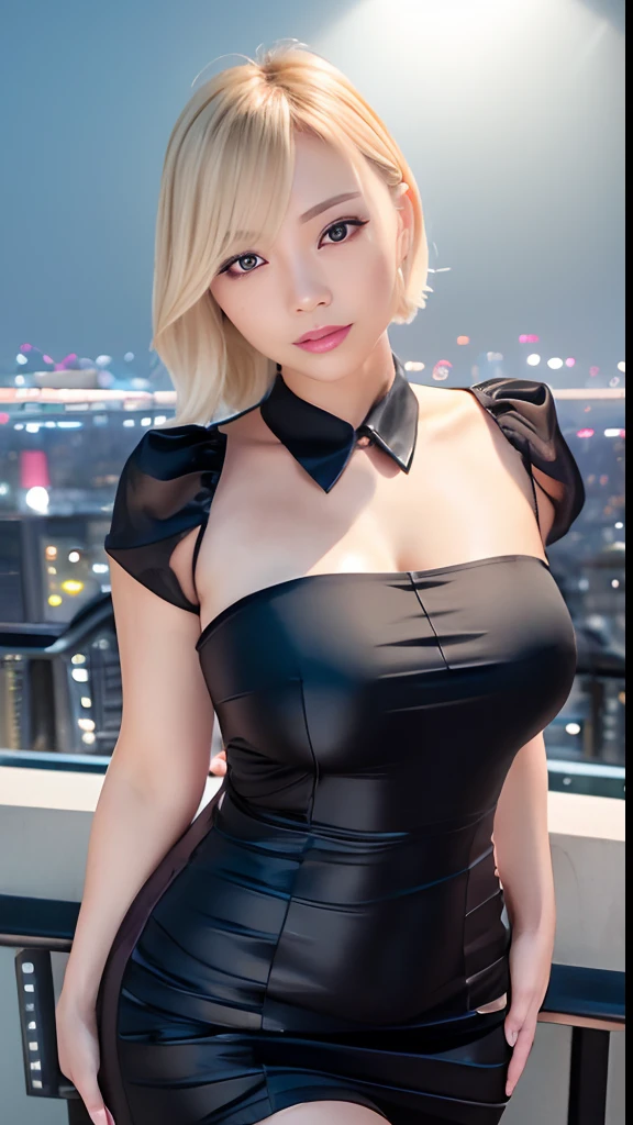 Taiwanese Idol　A MILF　Approximately 40 years old　((shiny plump lips))　Short blonde hair with bangs and wavy　((Blonde Shorthair))　((Looking at the camera))　((Shiny Satin Black Dress Shirt))　The rooftop of a building with a beautiful night view of Beijing　Duck mouth　Glossy skin wet with sweat　close up of face　Teary-eyed　Moist eyes