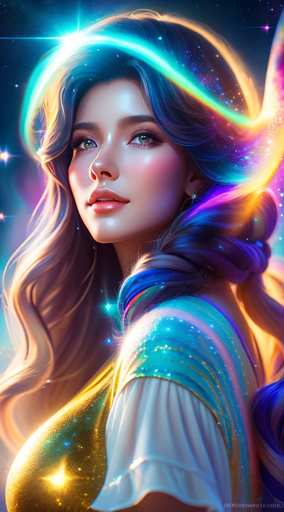 (realistic) A girl in cloud universe with shining stars and galaxy, wearing a (clean and elegant) dress, surrounded by (vibrant and colorful), light particles surround, heaven opens into the swirls of galaxy. Her (beautiful detailed) eyes and (beautiful detailed) lips. The dress is made of a light material. The girl's hair flows down in (loose and natural) curls, adding to her (gentle and carefree) appearance. She is holding a glowing orb that has swirls of colors. The overall image is of (best quality, highres) with (ultra-detailed) textures and (realistic) colors. The color palette dreamy and ethereal atmosphere. The lighting is soft, casting subtle shadows. 8k cinematic, volumetric lighting, golden ratio