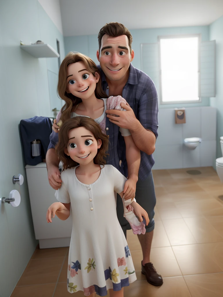 Obra-prima, de melhor qualidade, The image features a man, a woman, and a young girl posing together for a picture. The man is holding the girl, and they are all smiling for the camera. The woman is standing next to them, and they appear to be a family. The man is wearing a black shirt, and the girl is wearing a white dress. The scene takes place in a bathroom, as indicated by the presence of a sink and a mirror.