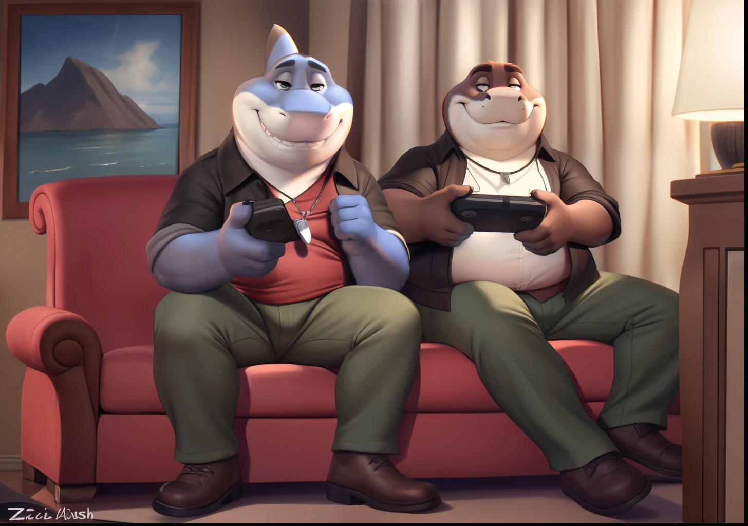 mr shark, plump, fat, belly, black eyes, (pose:1.3), (posing:1.3), (soft shading), 4k, hi res, five fingers, detailed hands, ((detailed face, (detailed eyes:1.0), detailed)), (full body), by zackarry911, by zaush, (by personalami:0.5),  looking at viewer, shirt, 1boy, jacket, male focus, open clothes, pants, red shirt, dog tags, green pants, giant head, huge head, big head. Playing video games with a friend
