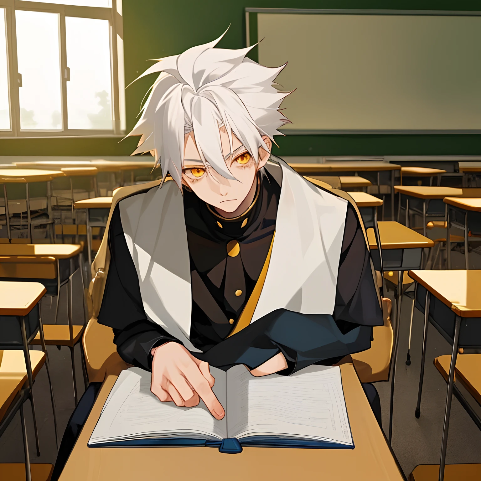 Anime, 1boy,, white hair, golden eyes, sitting in a classroom