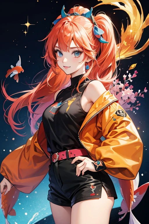 anime style; 3d; glitter; female; human koi