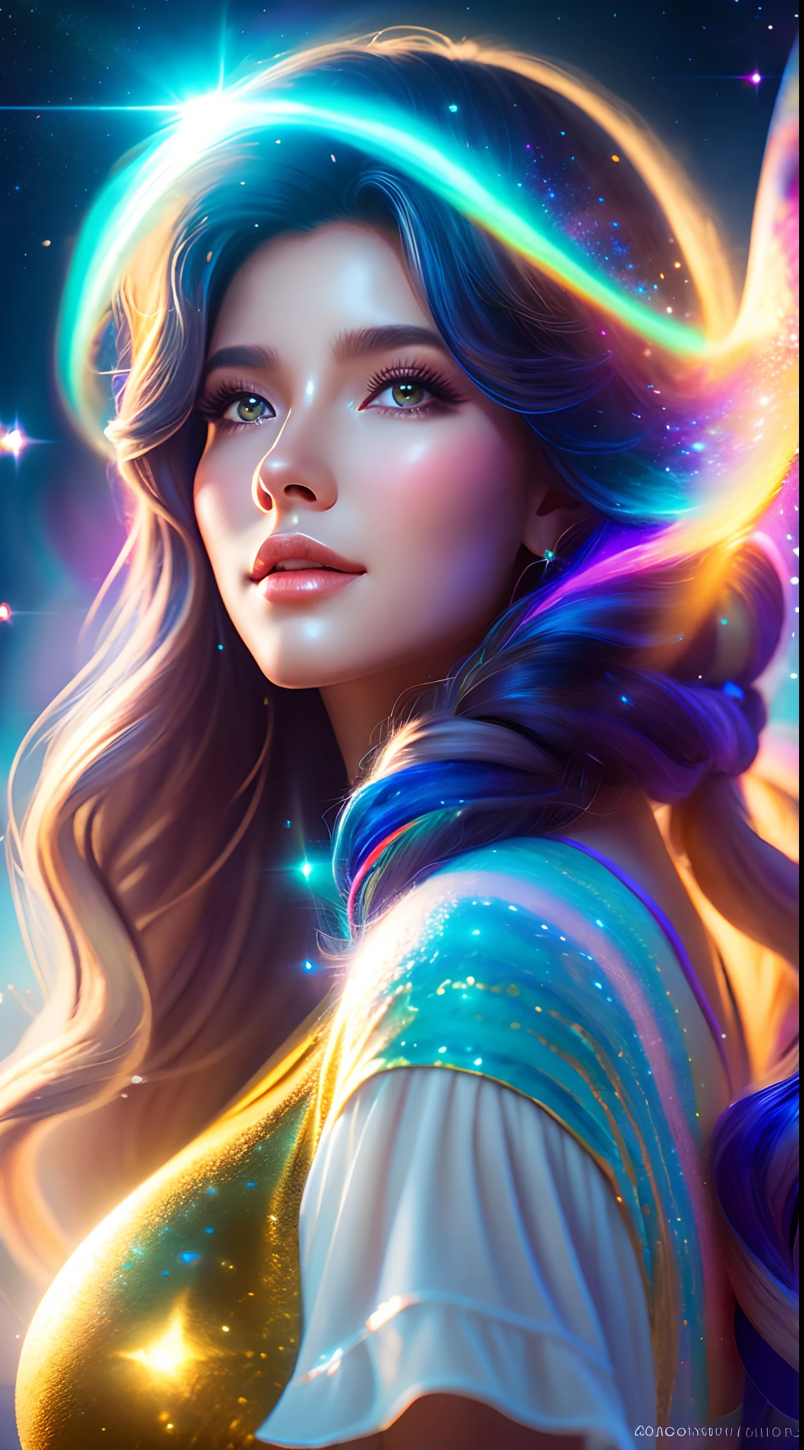 (realistic) A girl in cloud universe with shining stars and galaxy, wearing a (clean and elegant) dress, surrounded by (vibrant and colorful), light particles surround, heaven opens into the swirls of galaxy. Her (beautiful detailed) eyes and (beautiful detailed) lips. The dress is made of a light material. The girl's hair flows down in (loose and natural) curls, adding to her (gentle and carefree) appearance. She is holding a glowing orb that has swirls of colors. The overall image is of (best quality, highres) with (ultra-detailed) textures and (realistic) colors. The color palette dreamy and ethereal atmosphere. The lighting is soft, casting subtle shadows. 8k cinematic, volumetric lighting, golden ratio