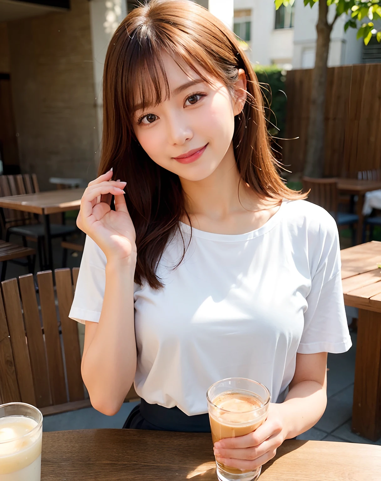 top-quality、facefocus、Soft light、(depth of fields)、超A high resolution、(Photorealsitic:1.4)、Raw photography、Chatting in a café、A smile