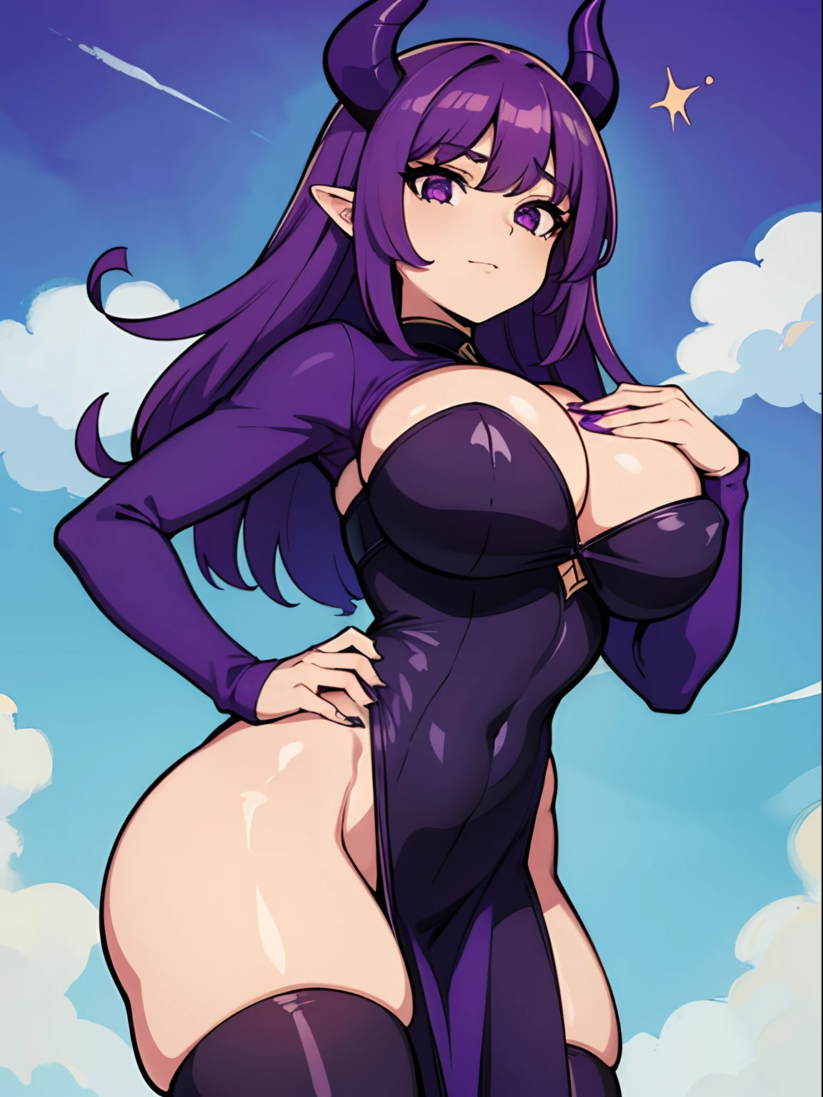 (melhor qualidade, obra-prima), 1meninas, (purple hair), (demon), Feliz, corada, rechonchuda, Fofa, emphasis on the thighs, Pose sexy, big breasts, hands behind the back