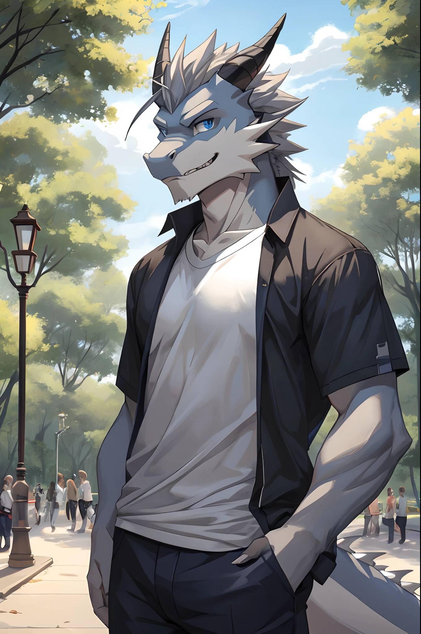 Masterpiece, Cool Pose, Furry Gray Dragon, Medium Fit Body, Blue Eyes, Grey Medium Hair, Casual Clothes, Casual Shirt, Fierce, Good looking, teeth, Park Background