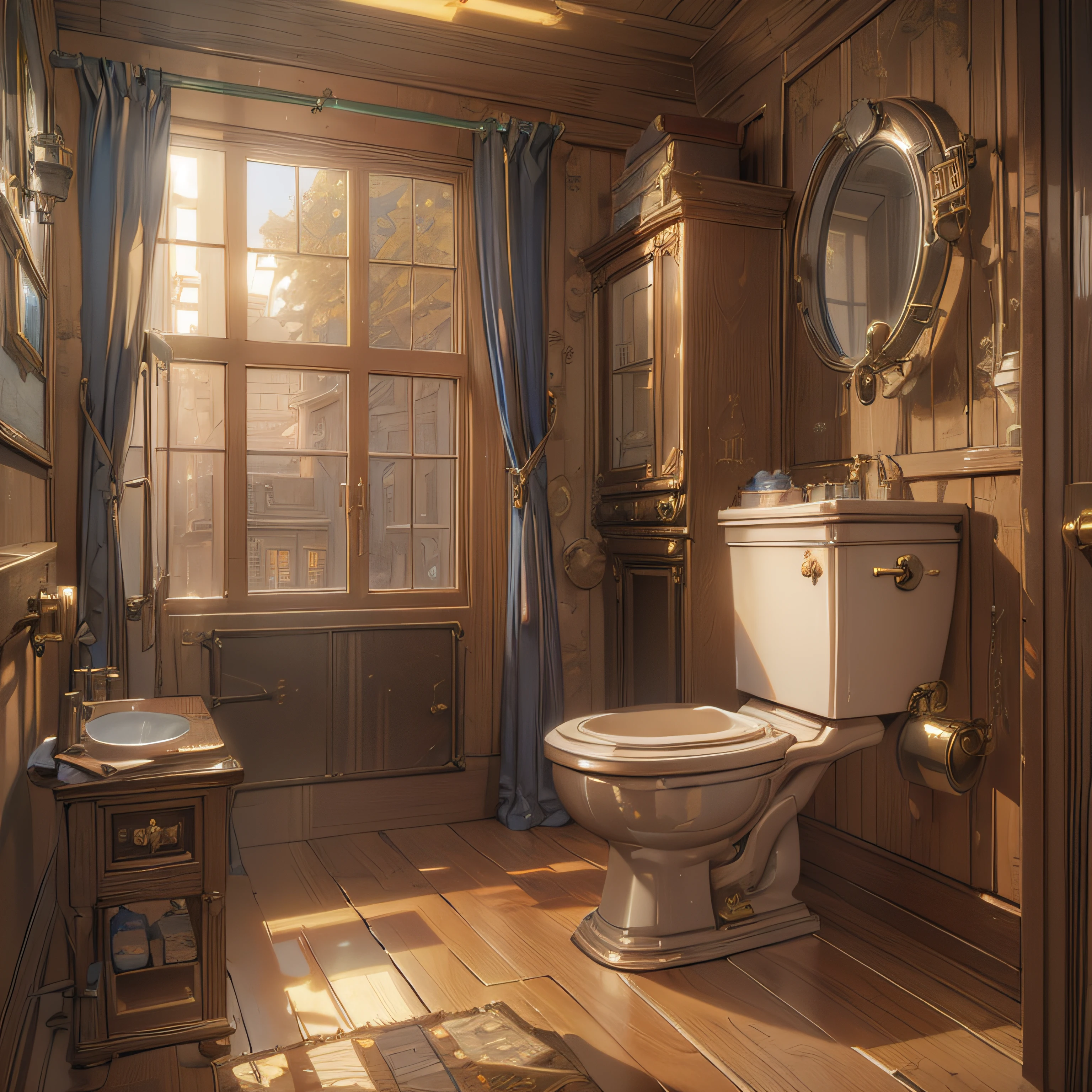 (masterpiece
0.1), (Best Quality:1.2), (Very detailed 1.2), Unity 8k壁纸, Hyper realistic, Steampunk, toilet, Steampunk toilet、rays of sunshine