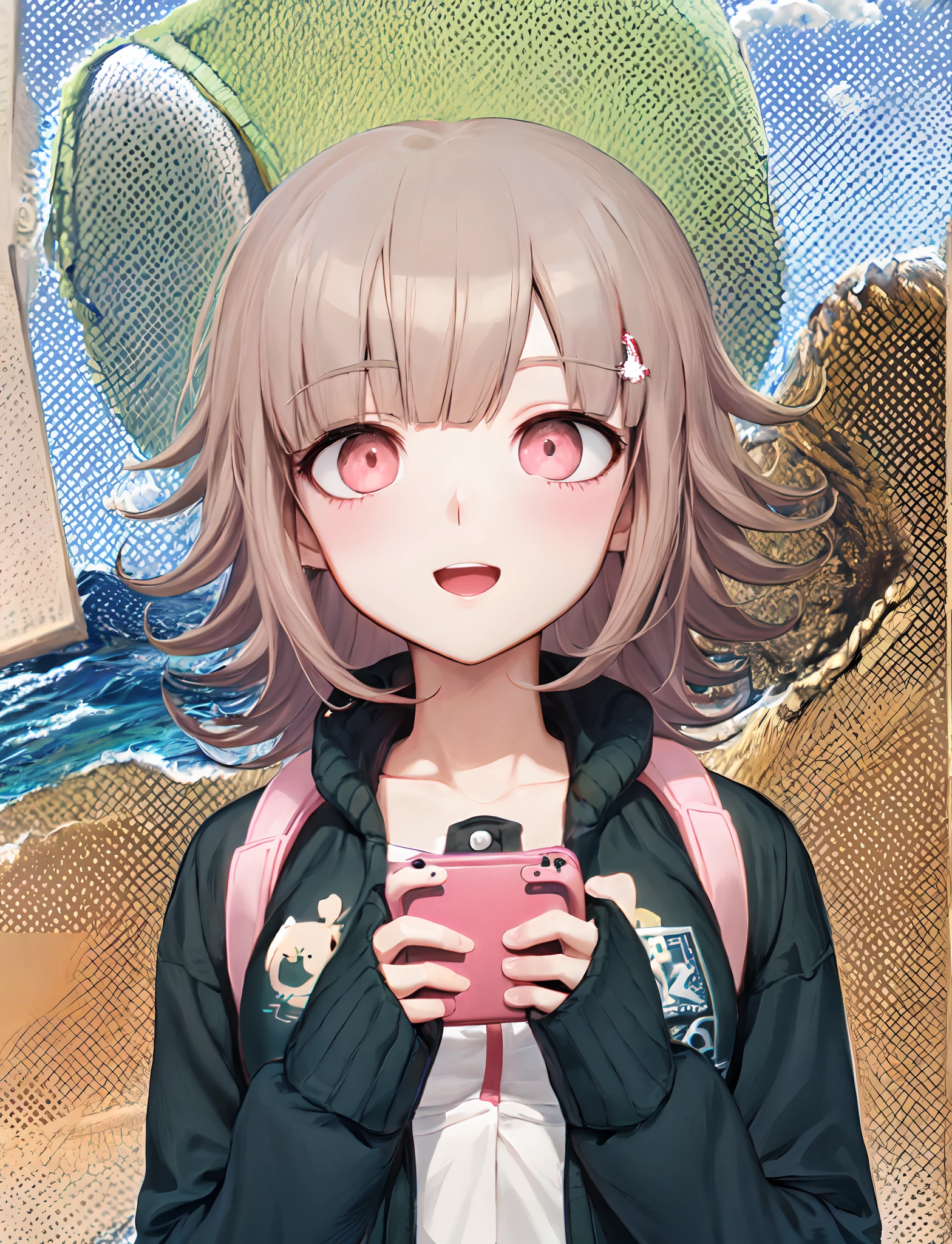 chica anime con cabello rosa y sudadera con capucha de chaqueta verde azulado oscuro de pie frente a una playa, 8k, Chiaki nanami holding a handheld game console, sonrisa suave, ojos rosados