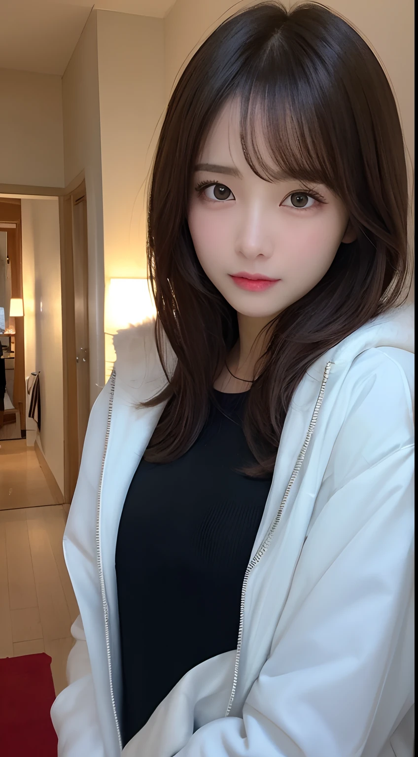 masutepiece, Best Quality, Illustration, Ultra-detailed, finely detail, hight resolution, 8K Wallpaper, Perfect dynamic composition, Beautiful detailed eyes, Winter clothes,Medium Hair,small tits,Natural Color Lip, a room、20 years girl、Cute、Show your sexy look to the camera,Face that feels ecstasy,blur backgroun,selfee