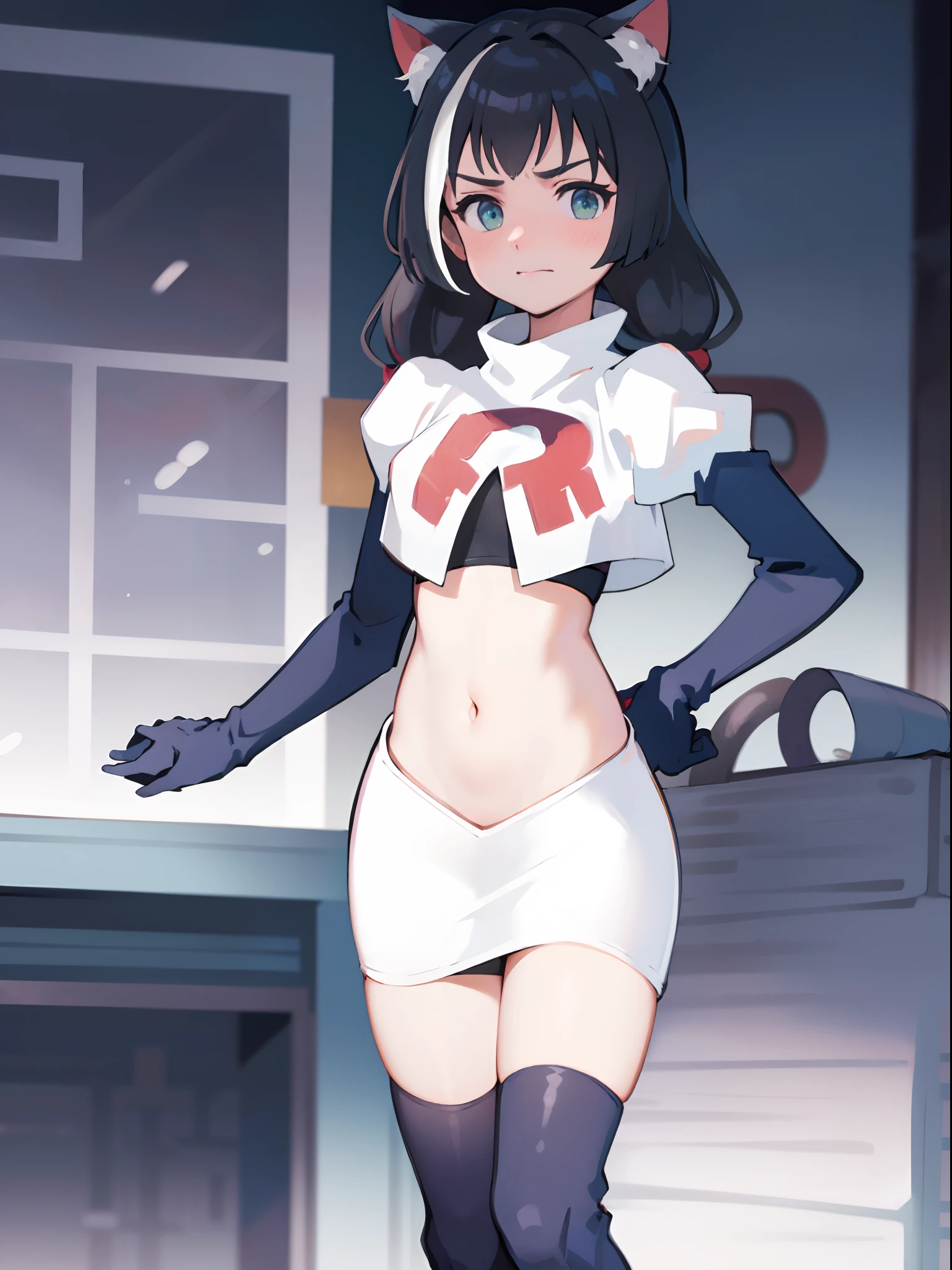 karyl,low twintails, twintails, cat tail,team rocket,team rocket uniform,white skirt,crop top,black thigh-high boots,black elbow gloves,
