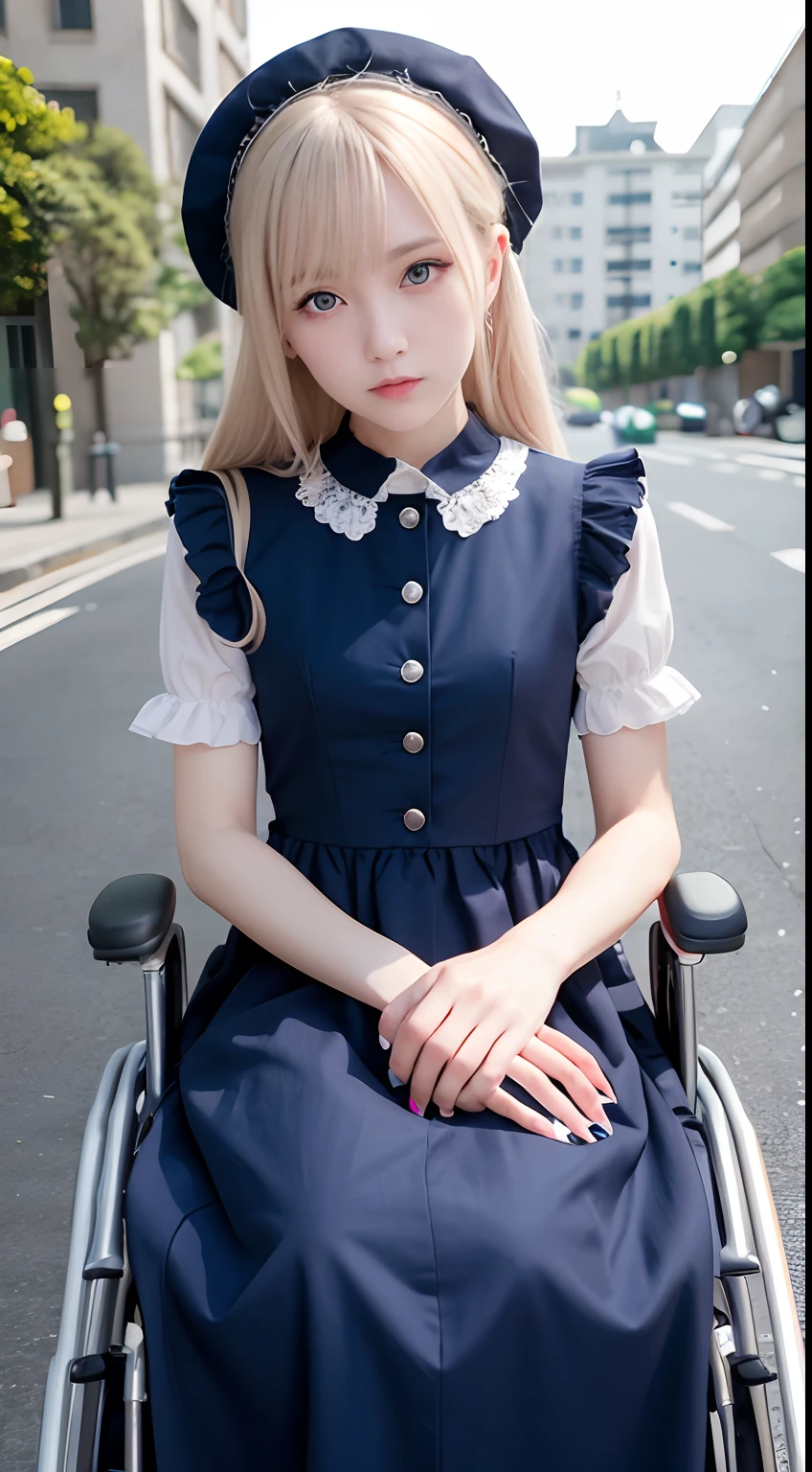 (masutepiece, Best Quality:1.2), 8K, 85 mm, Official art, Raw photo, absurderes, Platinum Blonde Hair, Detailed full-length view、(Being in a wheelchair、Lame、Physical disability、Blue eyes, Lolita Fashion, sweetlolita, Gothic, Dress:1.2), Idol face, a beauty girl, gardeniass, Copenhagen, Short sleeve, Elegance, Sophisticated, gardenia, Looking at Viewer, Film grain, chromatic abberation, Sharp Focus, face lights, Dynamic lighting, Cinematic lighting, Detailed face, Detailed hand、Detailed feet、Big city background