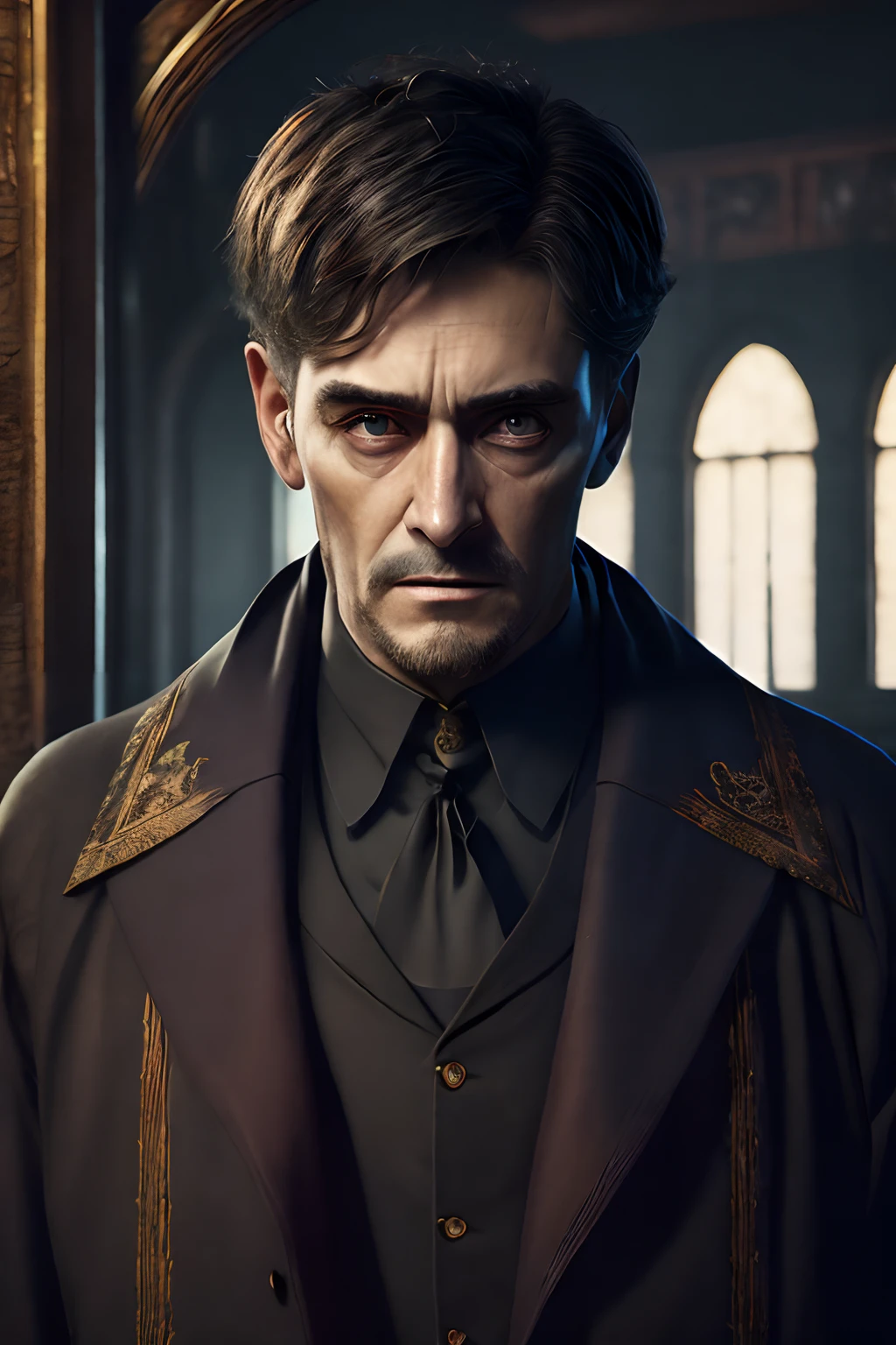(((Scholar))), (extremely detailed 8k wallpaper), Dark Theme, Modern Horror, uses (simple scholar clothes), fine focus, (subsurface dispersion:1.1), ((middle-aged man))), (Short hair), centered face, award-winning photography, dramatic lighting, an ancient University.