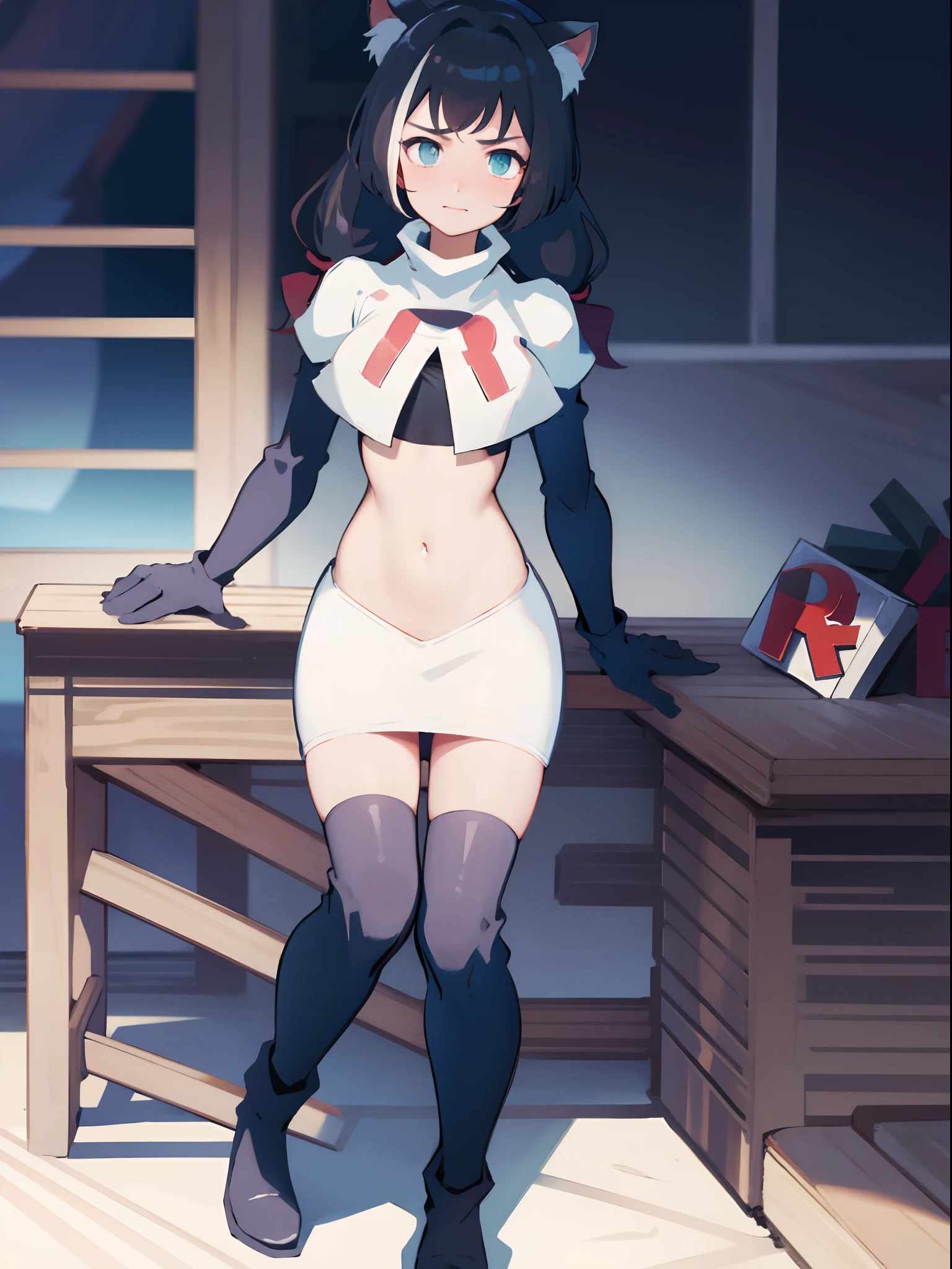 karyl,low twintails, twintails, cat tail,team rocket,team rocket uniform,white skirt,crop top,black thigh-high boots,black elbow gloves,