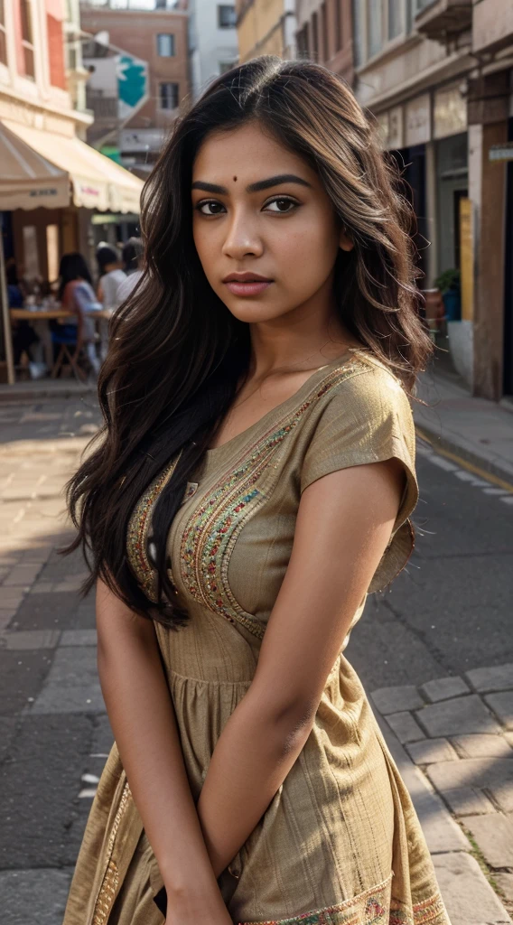 ultra-realistic photographs,Indian Instagram female model,mid 20s,9:16,mid-shot,beautiful detailed eyes,detailed lips,longeyelashes,long black wavy hair, naturally full eyebrows,perfectly formed nose,expressive face,attractive appearance,candid photo,vibrant and colorful frock, heavily embroidered, golden hour street background, serene atmosphere,stunning architecture,soft and natural lighting,vivid colors,photorealistic,HDR,highres,studio lighting,ultra-detailed,bokeh,fully covered clothes