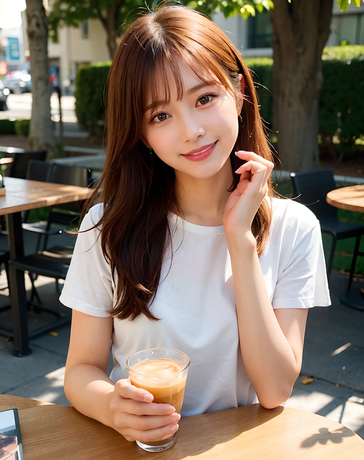 top-quality、facefocus、Soft light、(depth of fields)、超A high resolution、(Photorealsitic:1.4)、Raw photography、Chatting in a café、A smile