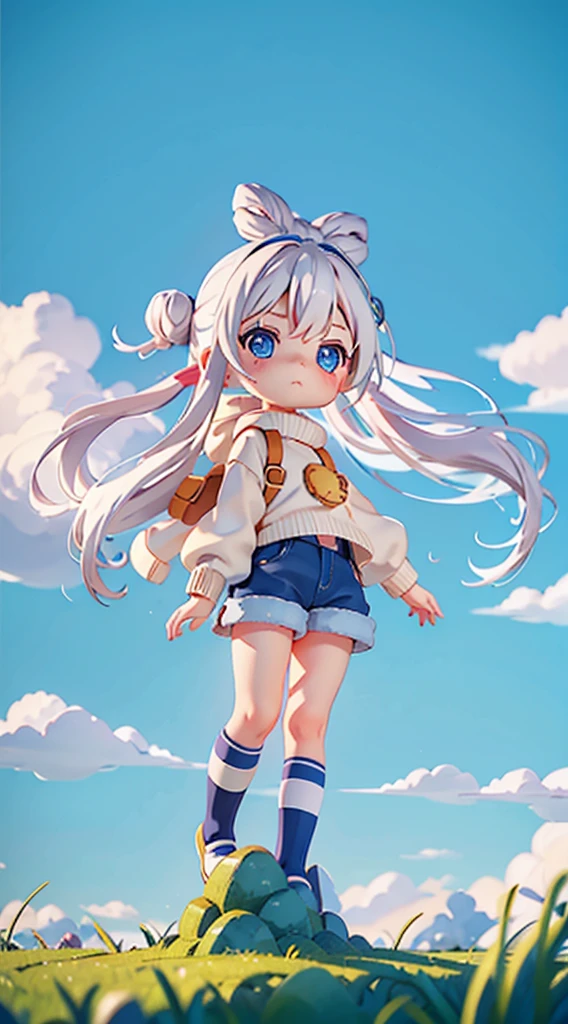 Cute  girl, chibi style, white hair, blue eyes, sweater, shorts, standing, mid calf socks, winter boots, sunset, grassy field, looking at viewer, top knot, sad expression, view from side