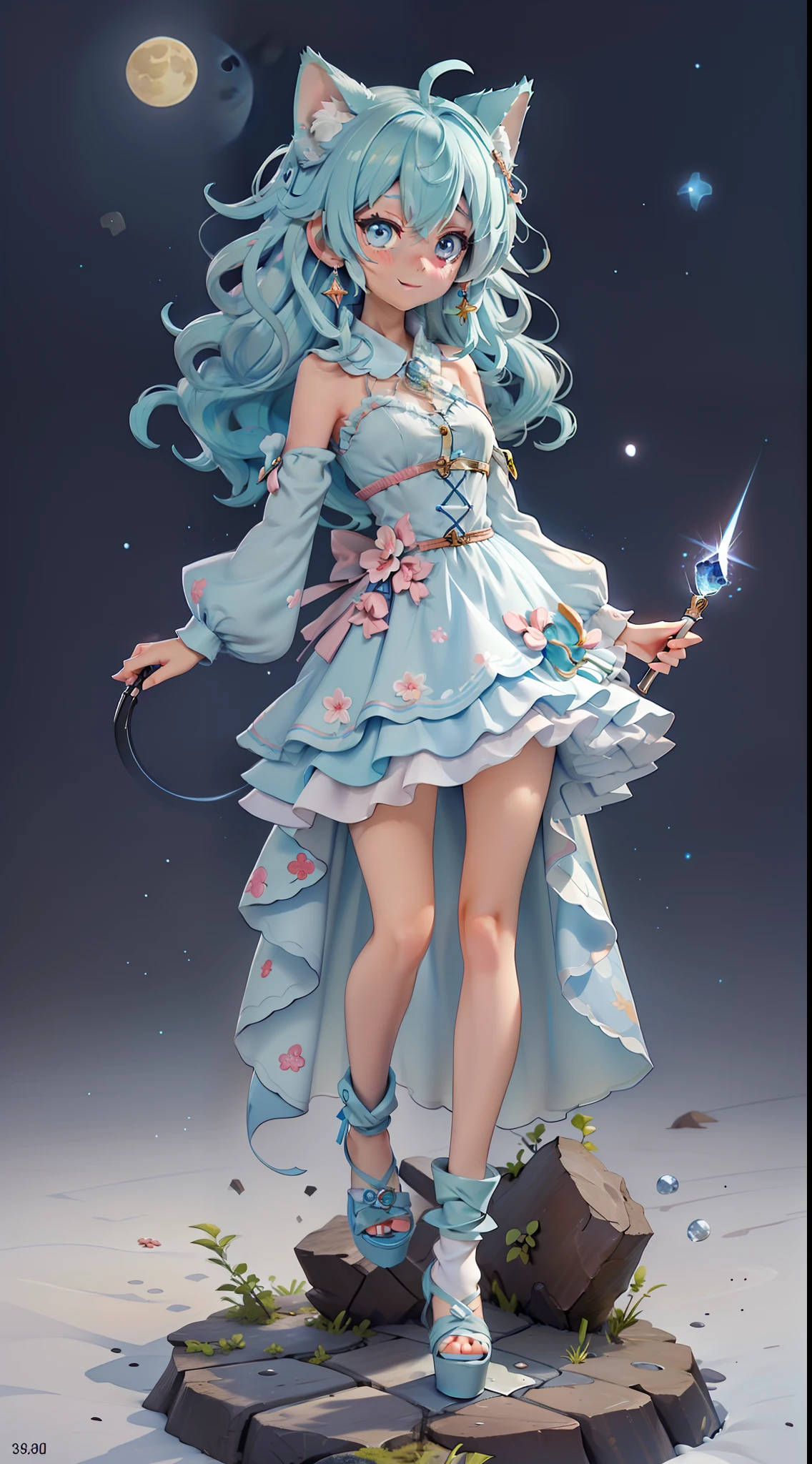 ((masutepiece, Best Quality:1.1))、8K、(Full body standing pose)、Beautiful girl with green hair，Curly，disheveled hair，Cat's ears, white dres，A deep blue gemstone is set on the chest........，bare-legged，Wear a blue ankle ring on your ankle，(Holds the azure jewelry wand perfectly)，Behind him are stars in the night sky with shooting stars flowing，The moon is in the sky、With a smile