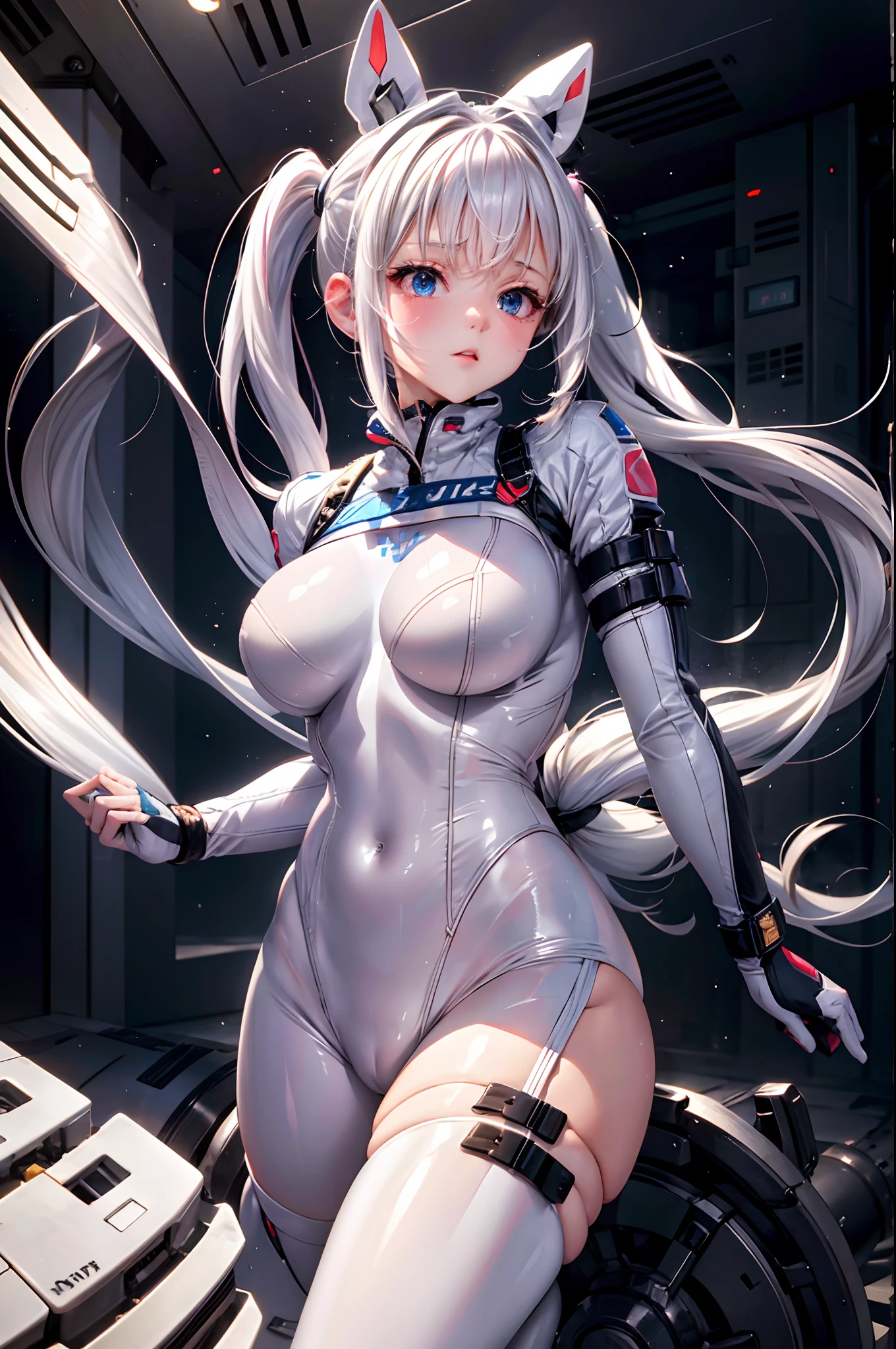 (Best quality), Cute girl, White hair, double tails, Alice (Nikke), , Plug suit, Masterpiece,Complex scenes